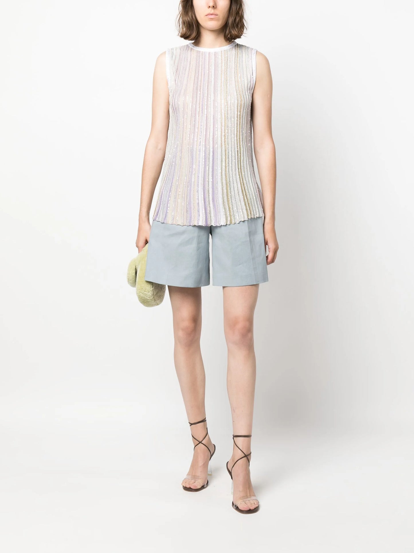 metallic-threading pleated tank top