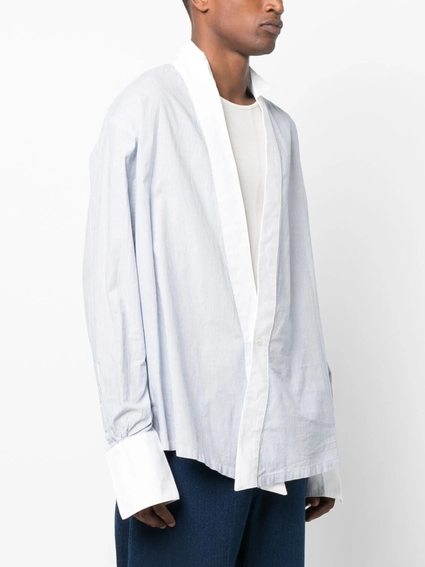 pinstripe-print collarless shirt