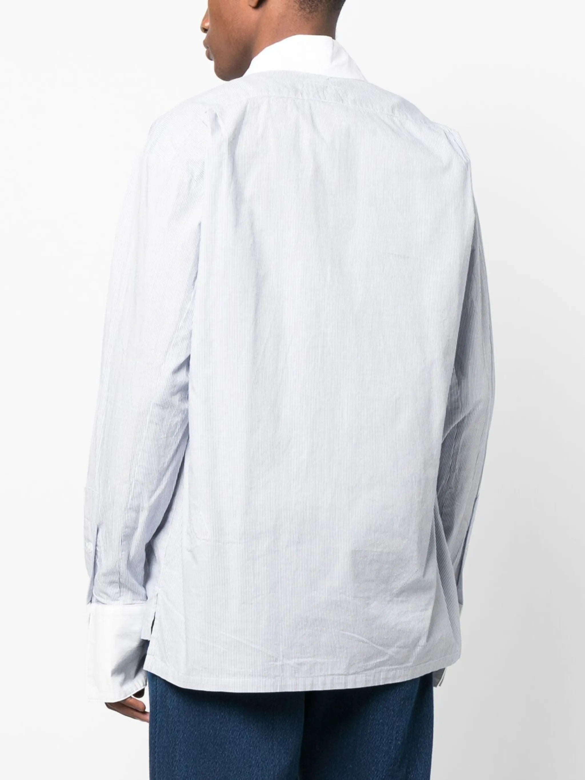 pinstripe-print collarless shirt