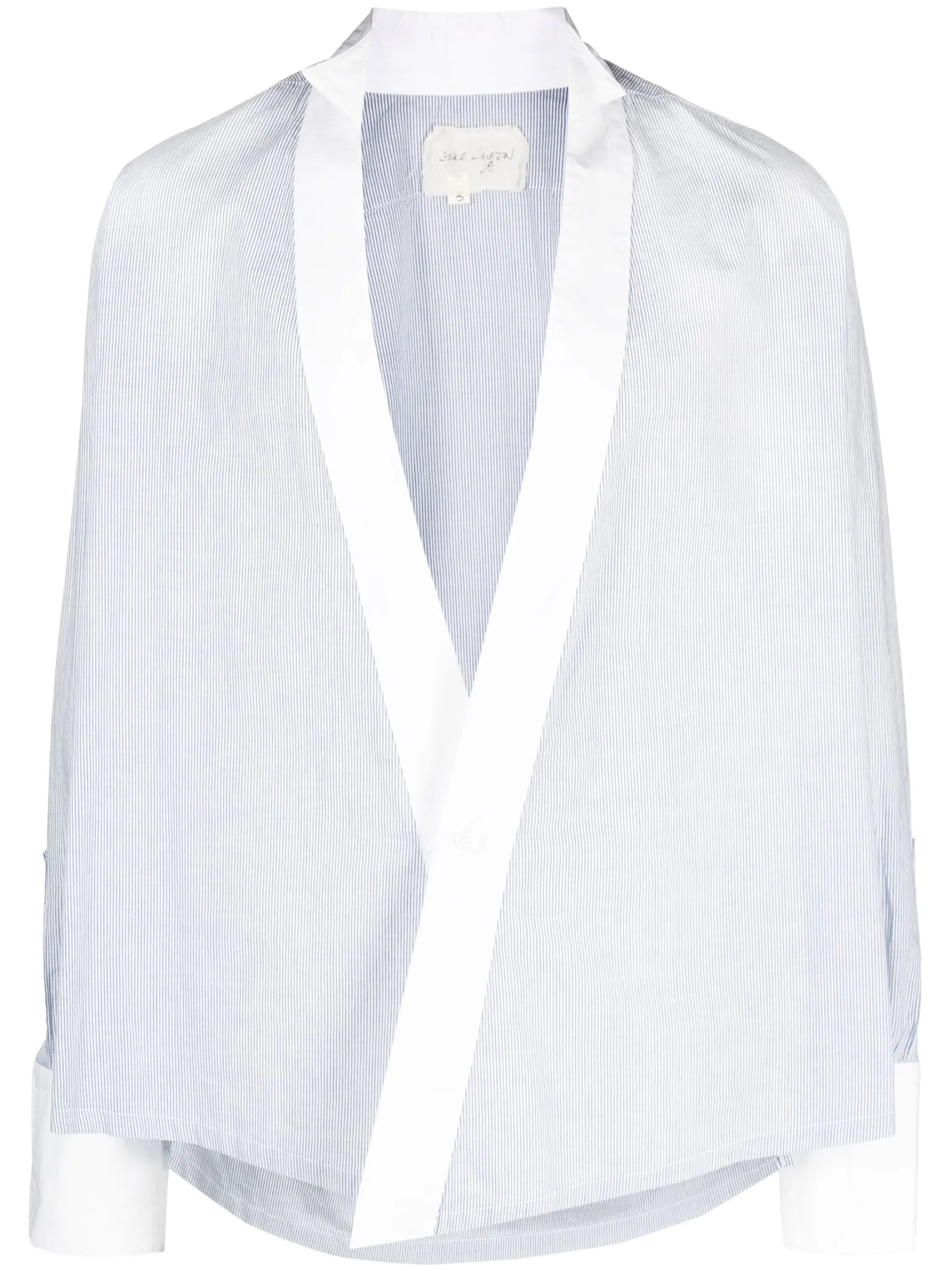 pinstripe-print collarless shirt