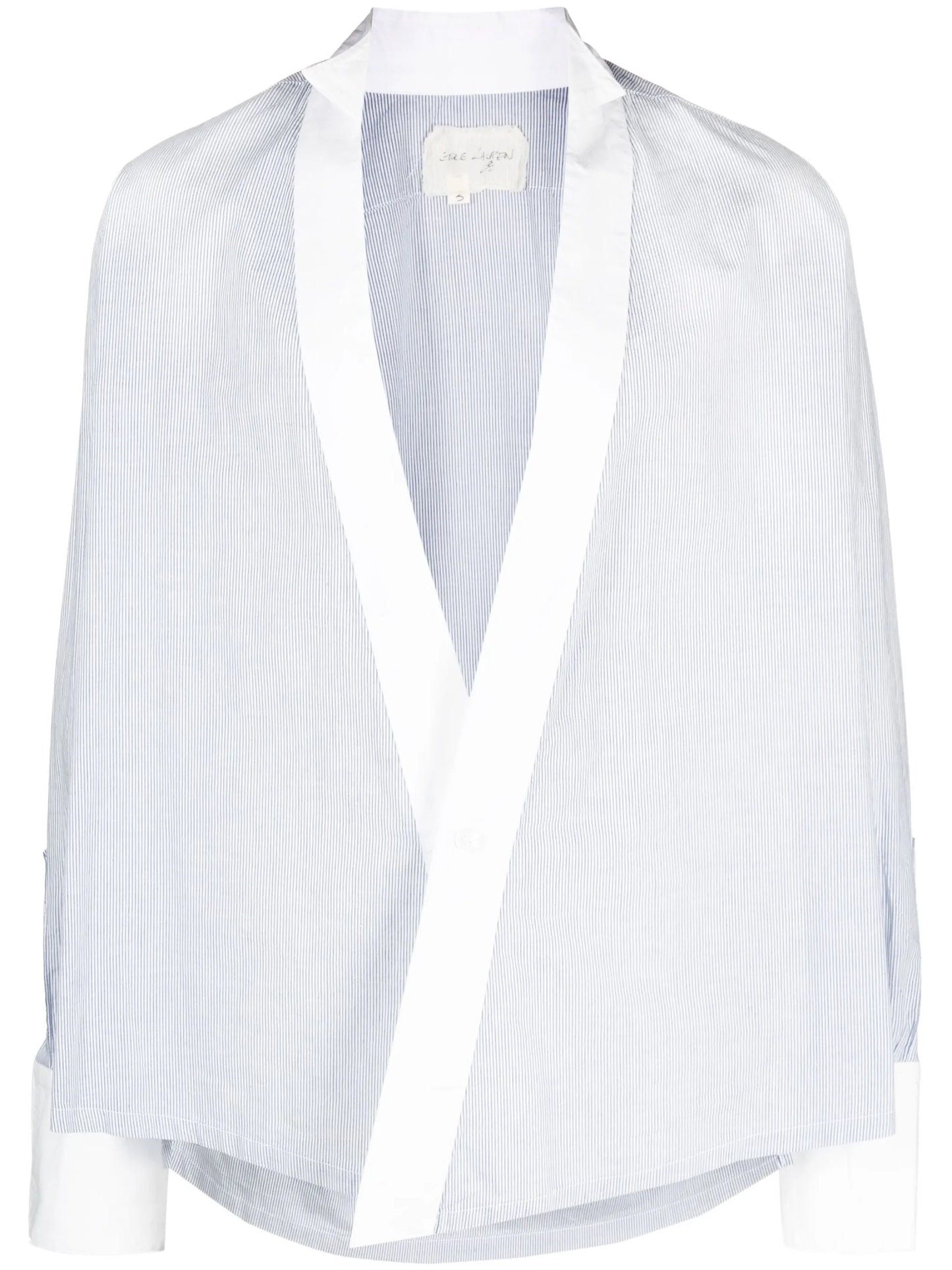 pinstripe-print collarless shirt
