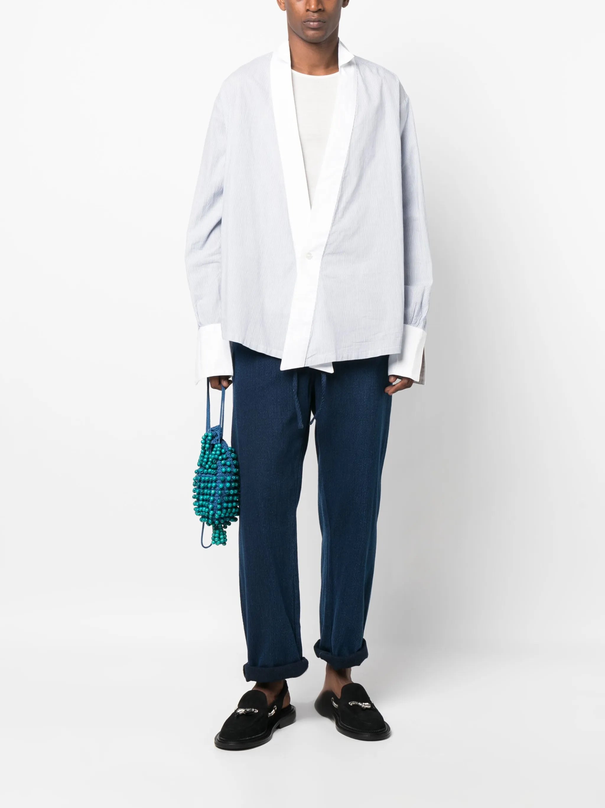 pinstripe-print collarless shirt