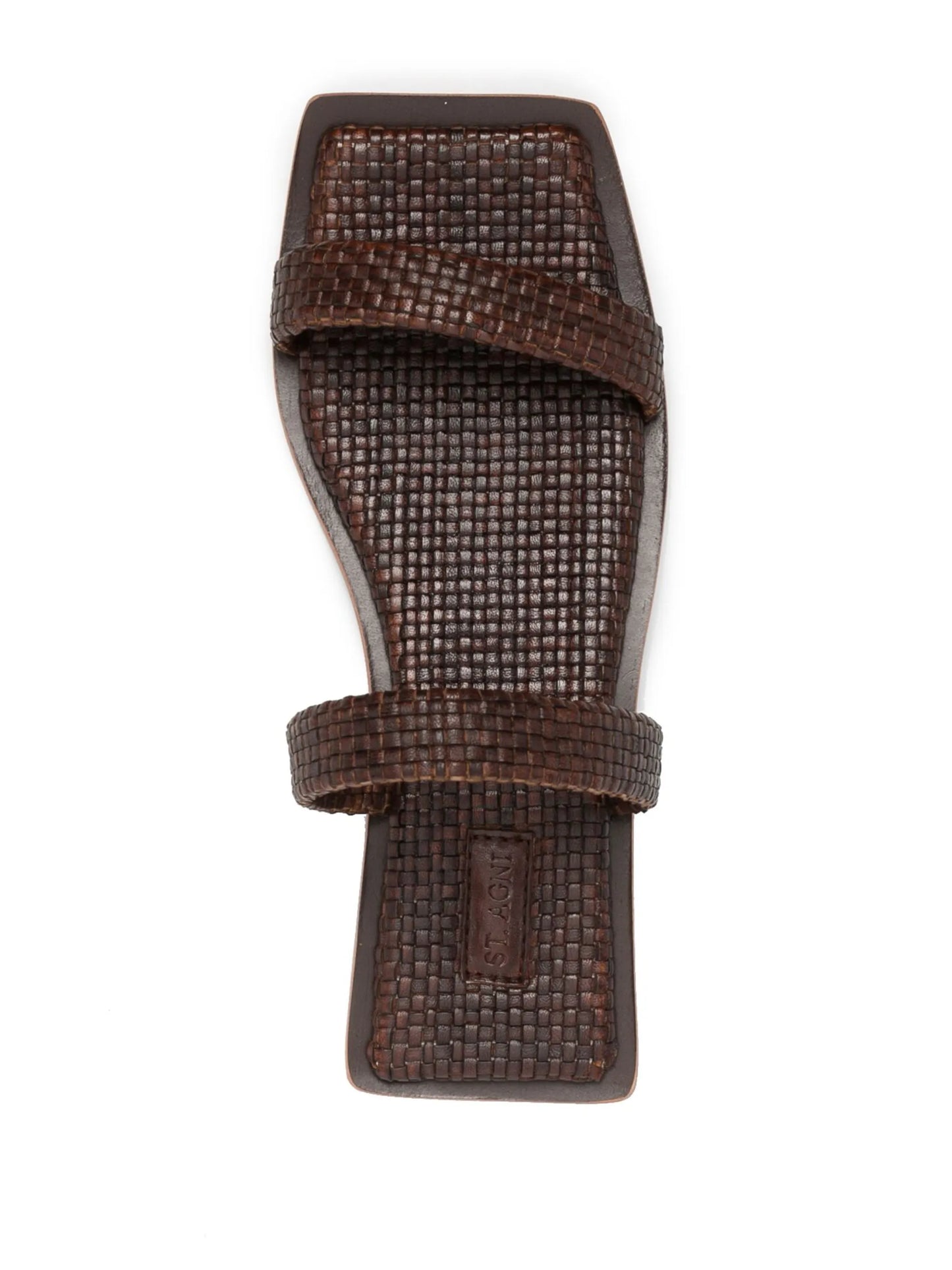 two strap woven leather slides