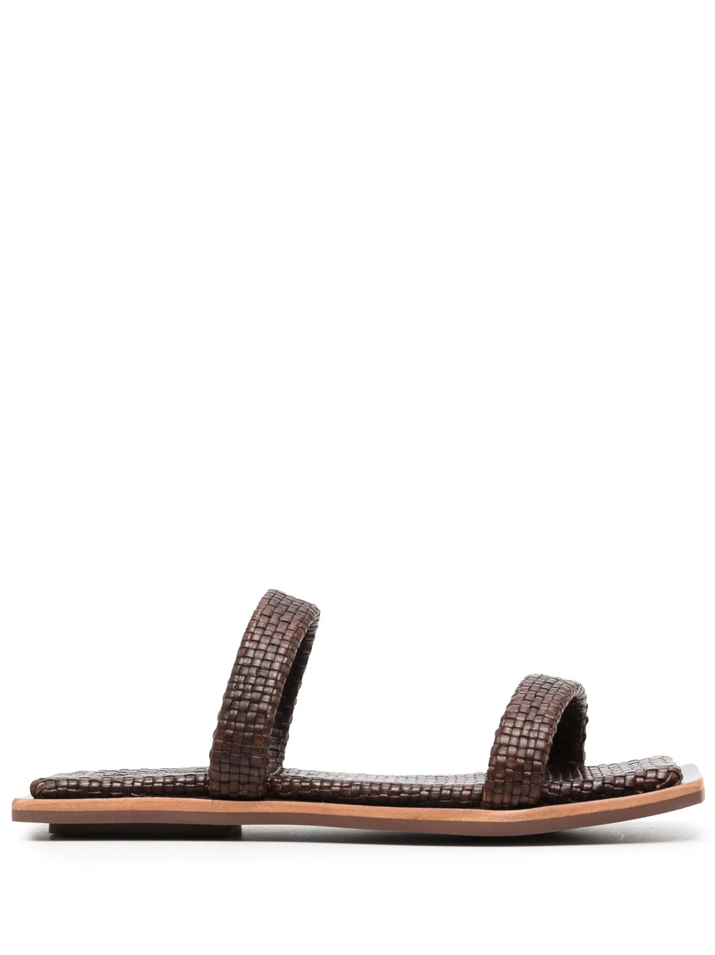 two strap woven leather slides