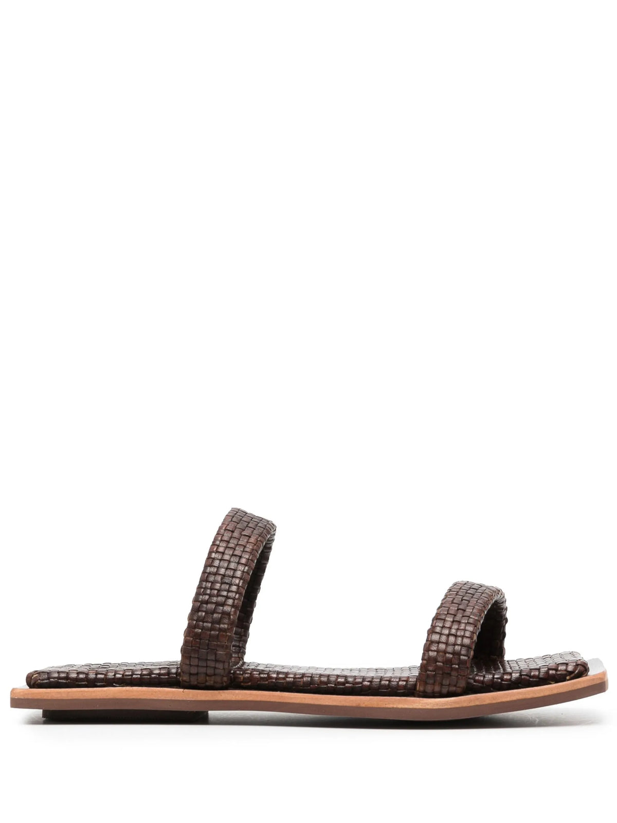 two strap woven leather slides