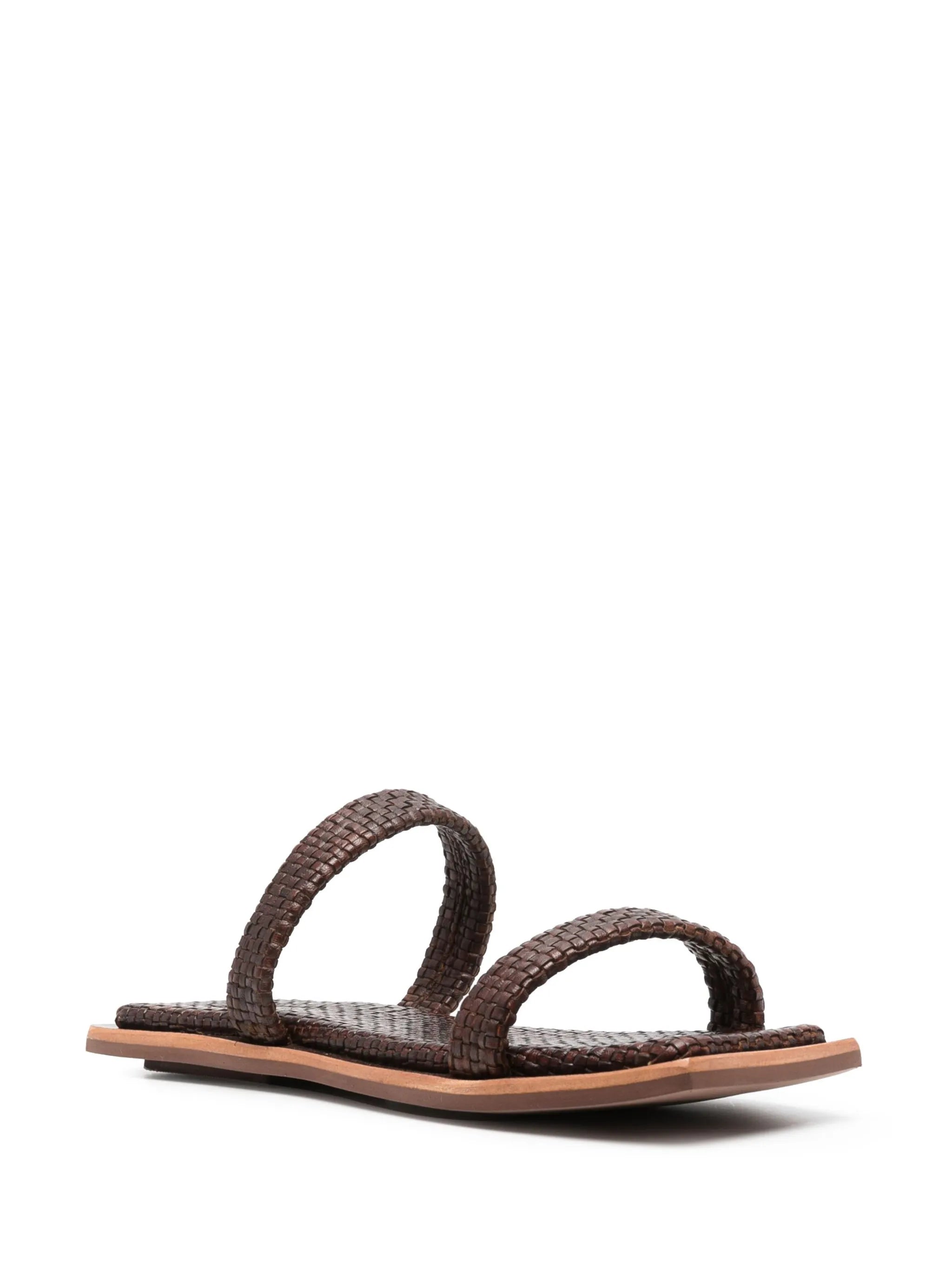 two strap woven leather slides