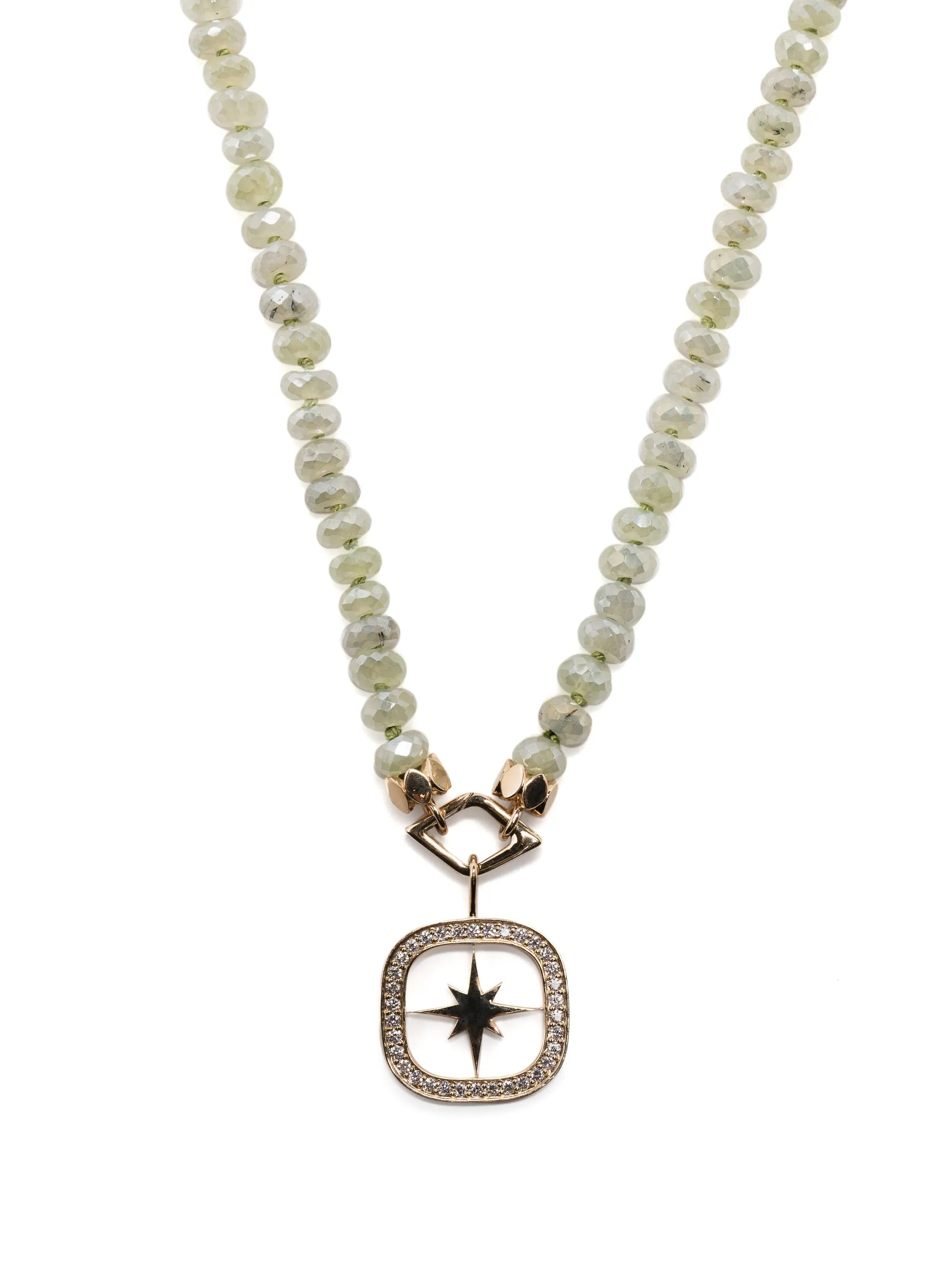 14kt yellow gold Starburst diamond and prehnite necklace