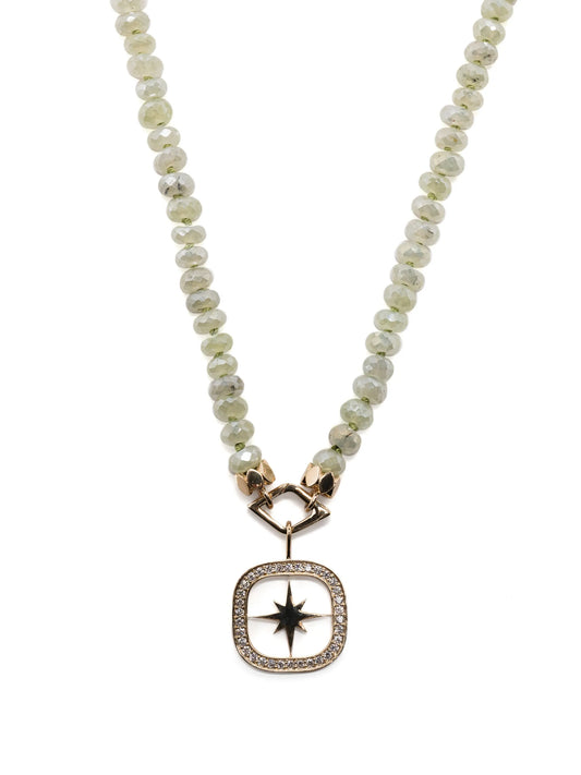14kt yellow gold Starburst diamond and prehnite necklace