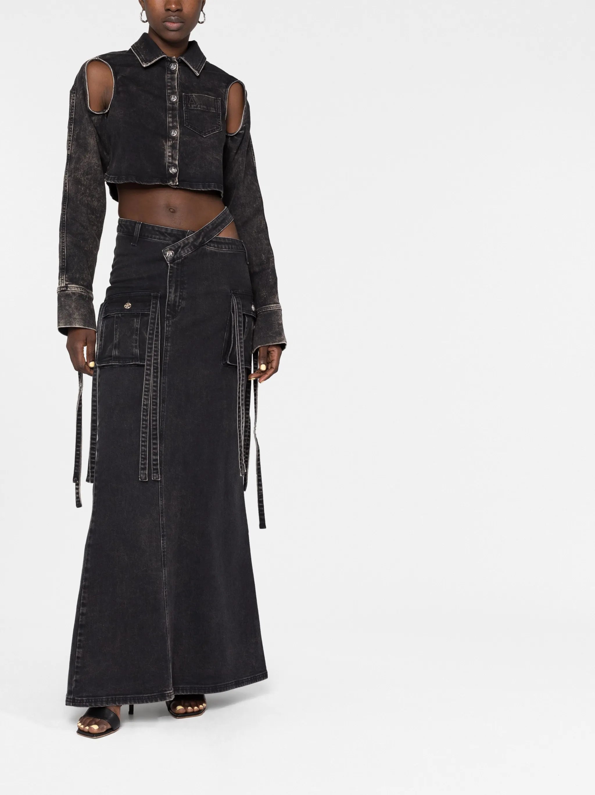 Drill cutout strap-detailed denim maxi skirt