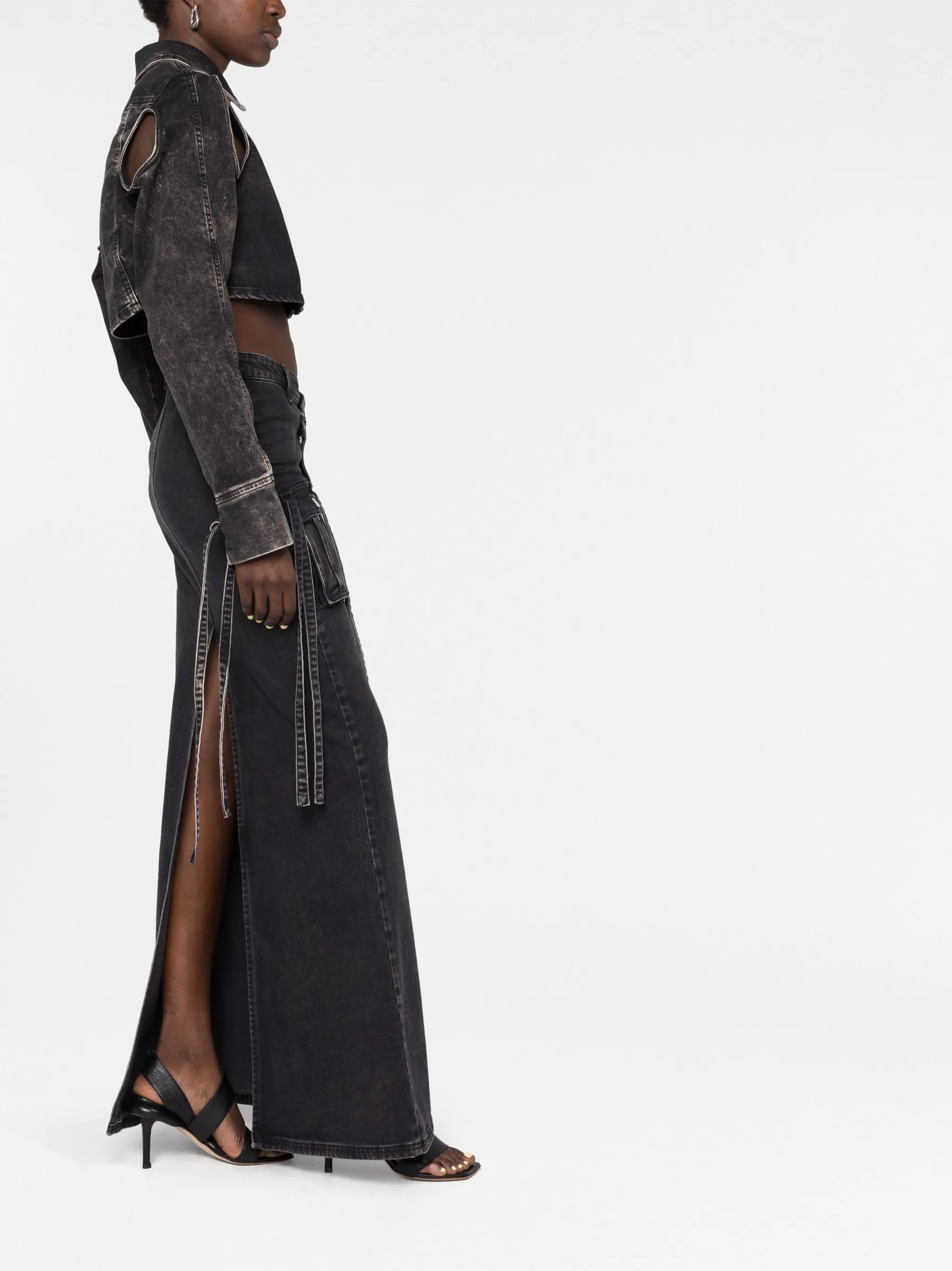 Drill cutout strap-detailed denim maxi skirt