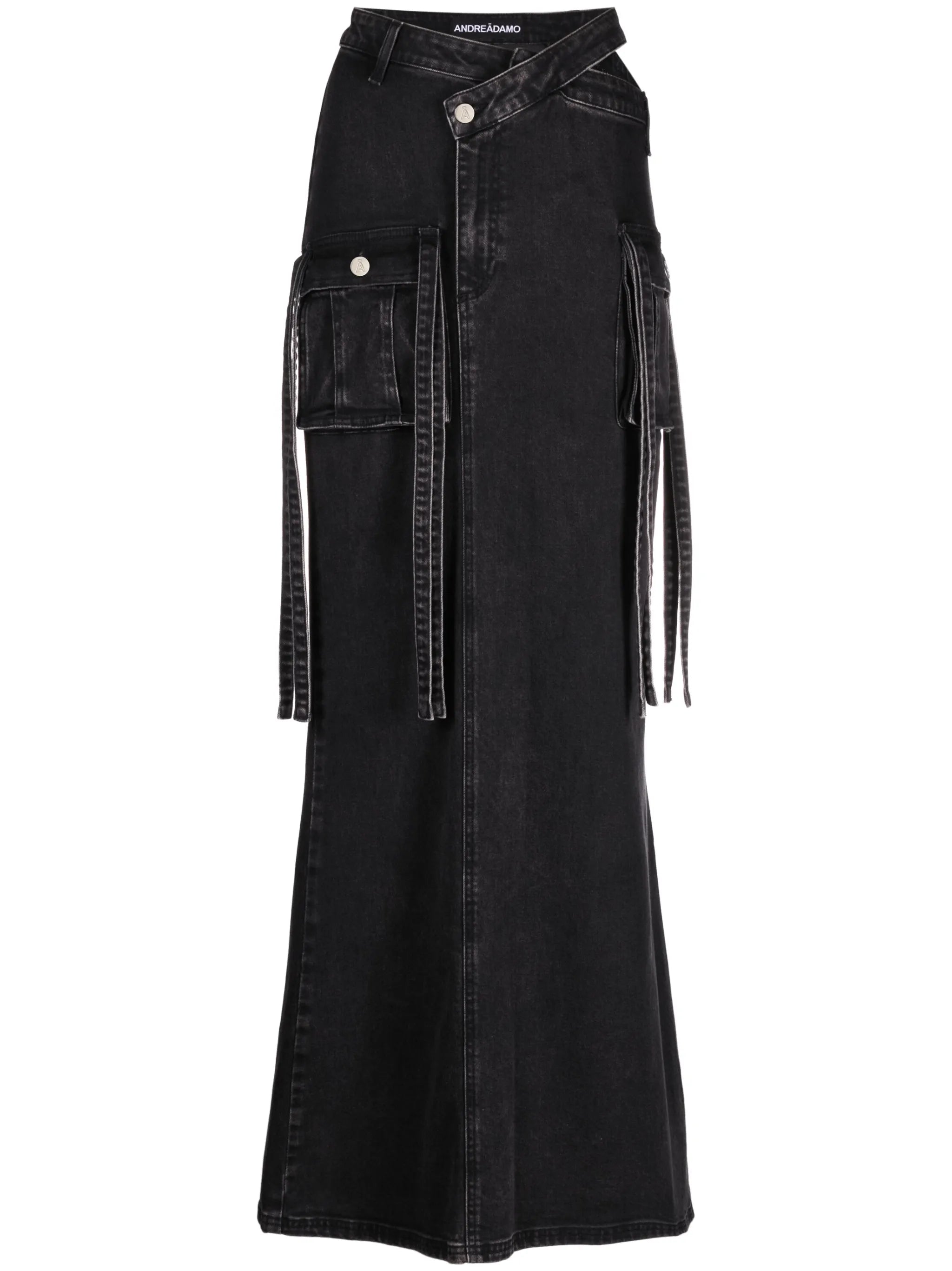 Drill cutout strap-detailed denim maxi skirt