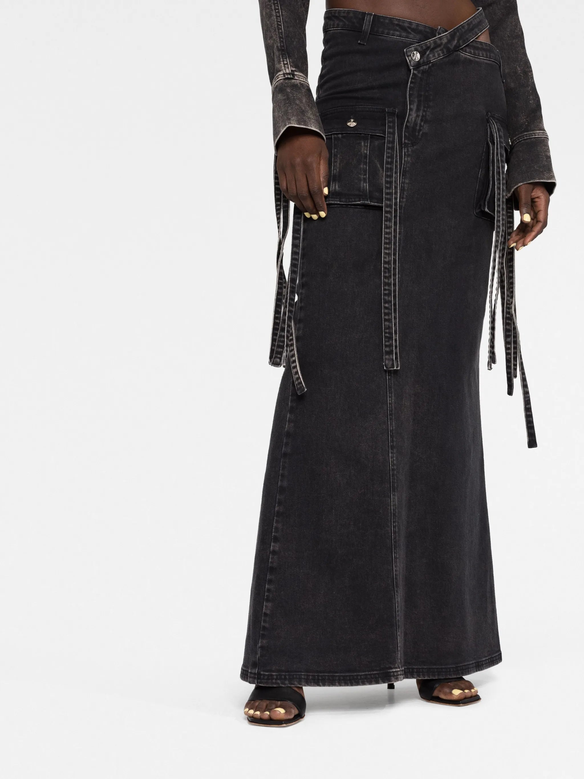 Drill cutout strap-detailed denim maxi skirt