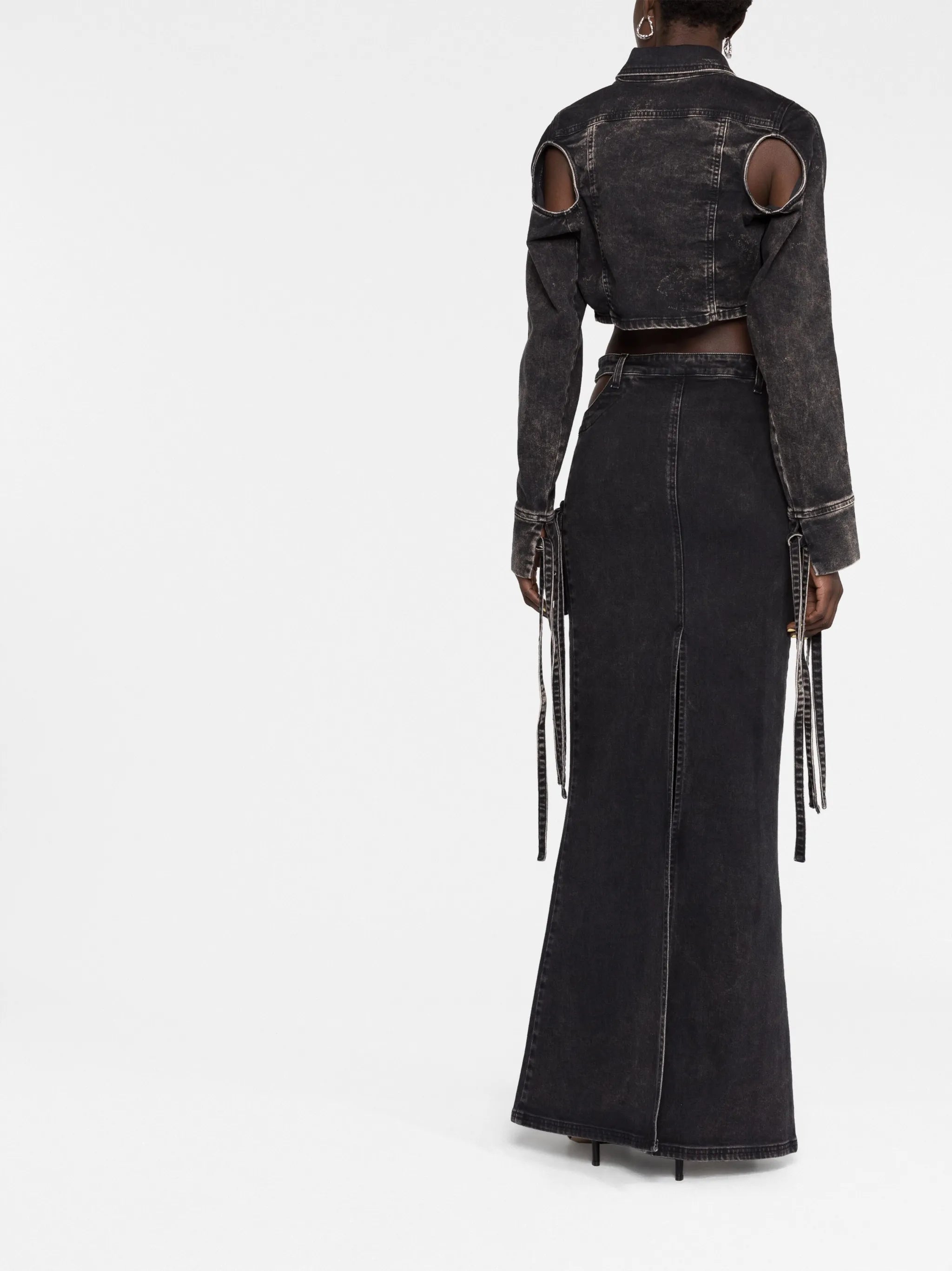 Drill cutout strap-detailed denim maxi skirt