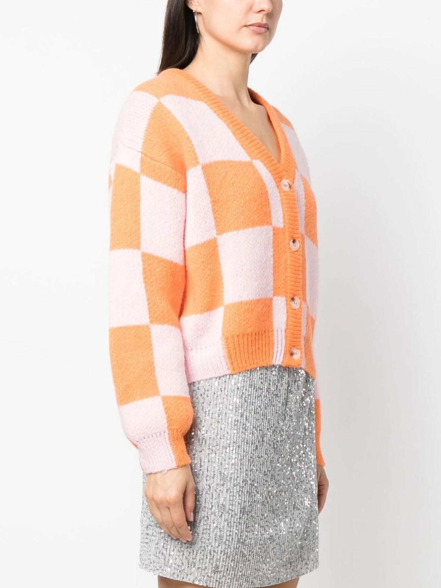 checkerboard-knit V-neck cardigan