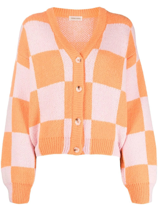 checkerboard-knit V-neck cardigan