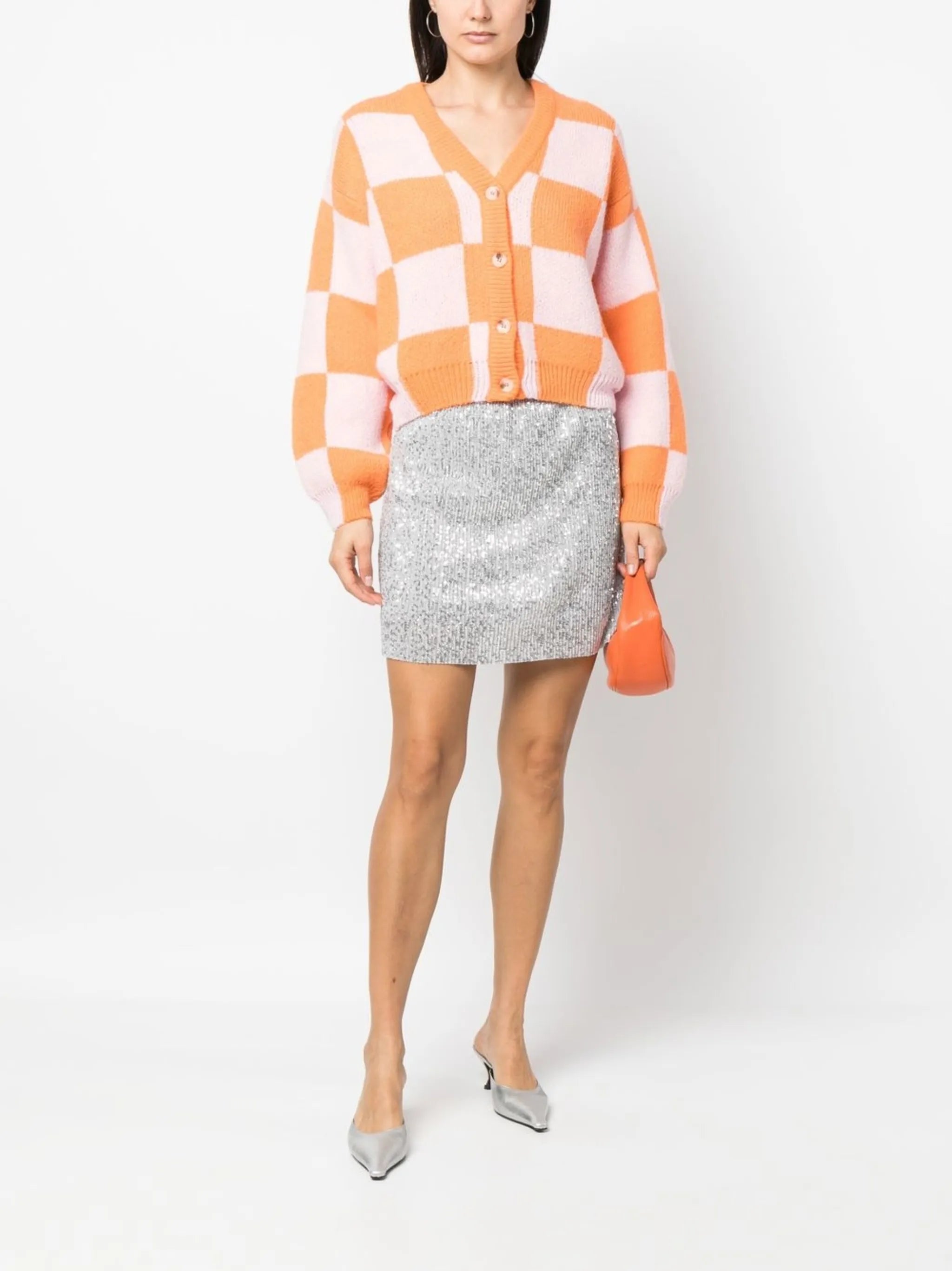 checkerboard-knit V-neck cardigan