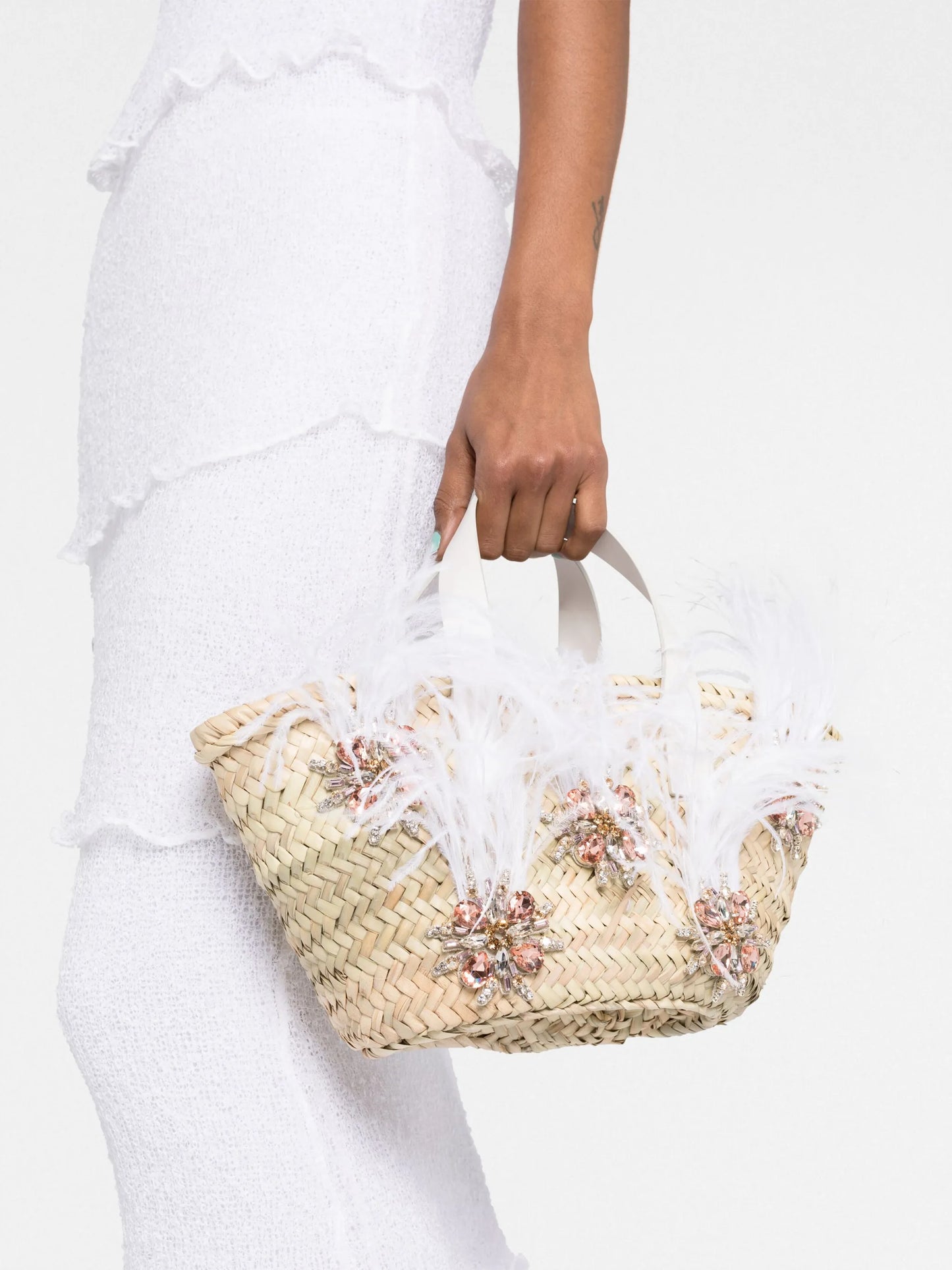 feather crystal basket tote bag