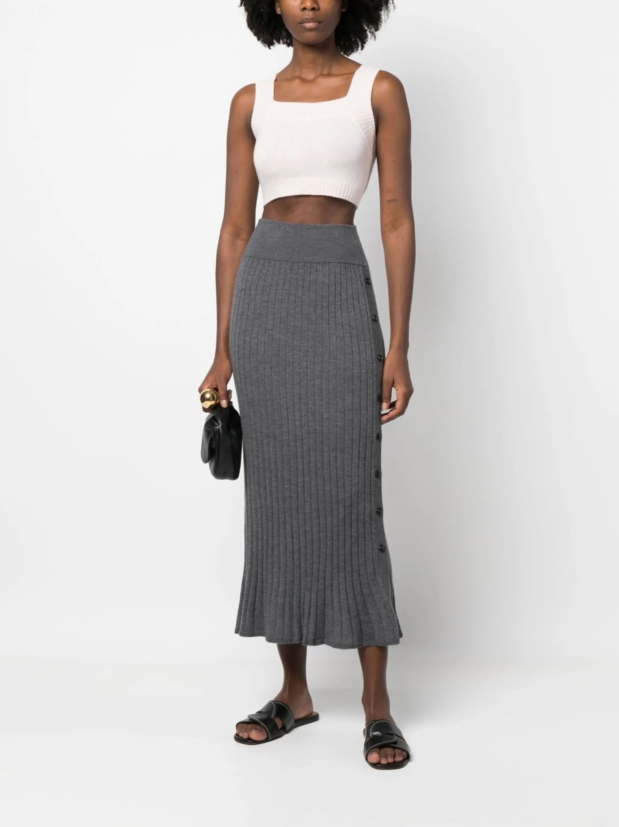 Katie ribbed-knit button-detail long skirt