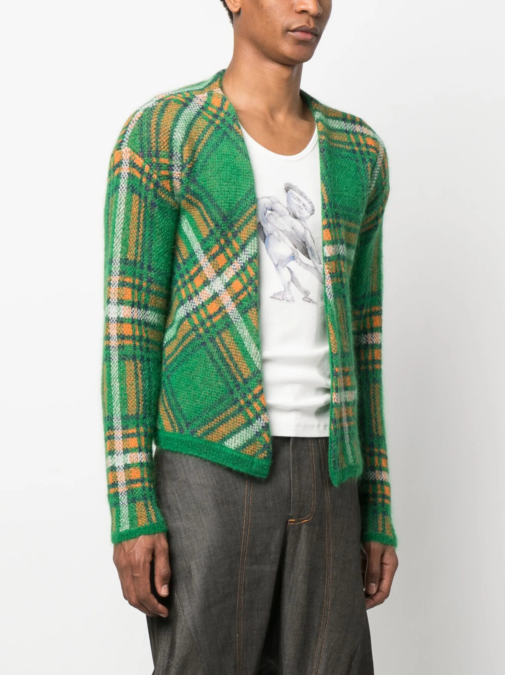 knit plaid check-pattern cardigan