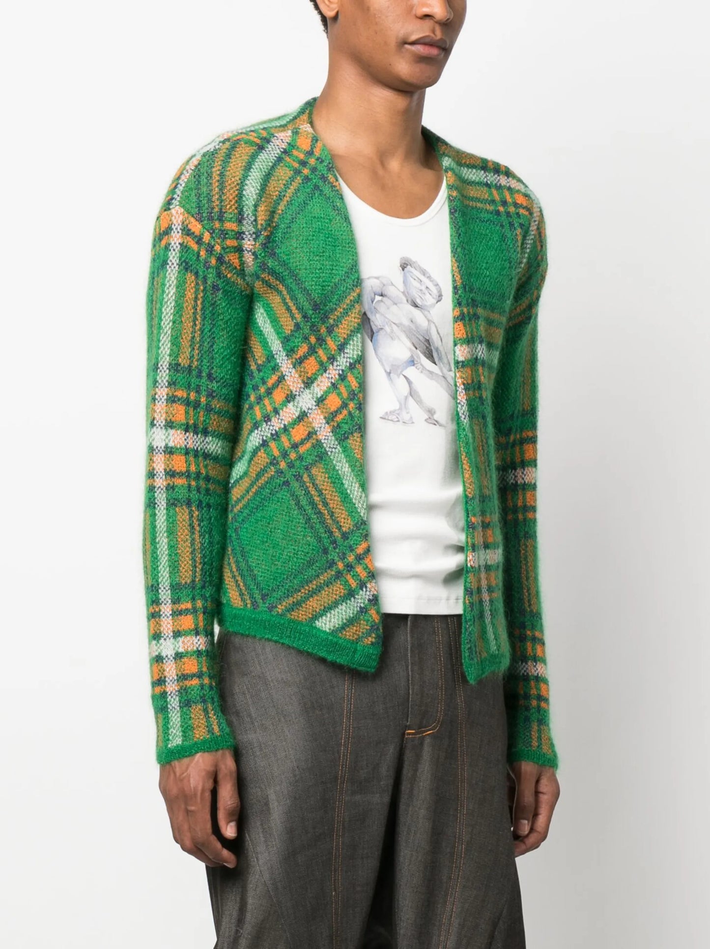 knit plaid check-pattern cardigan
