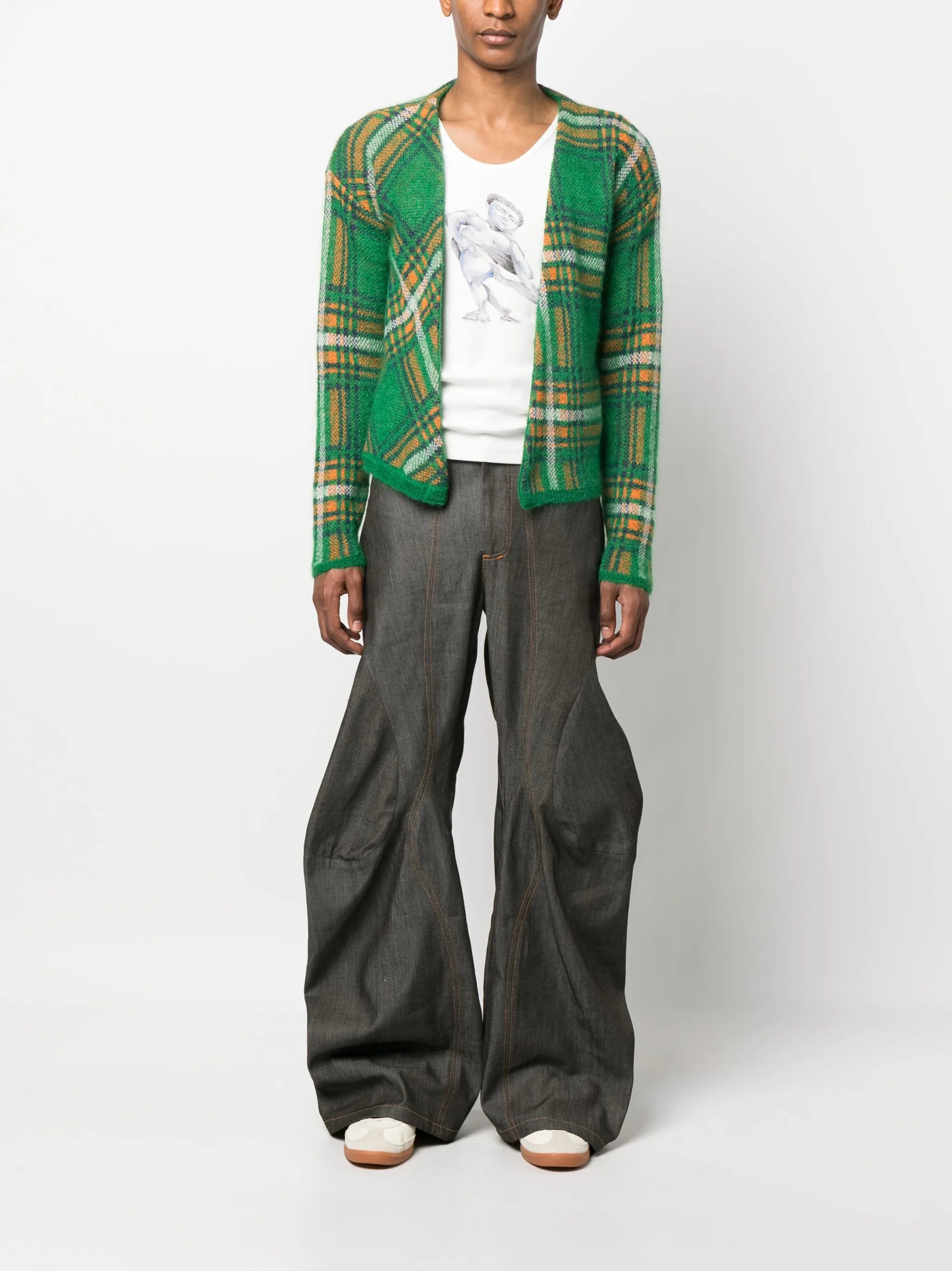 knit plaid check-pattern cardigan