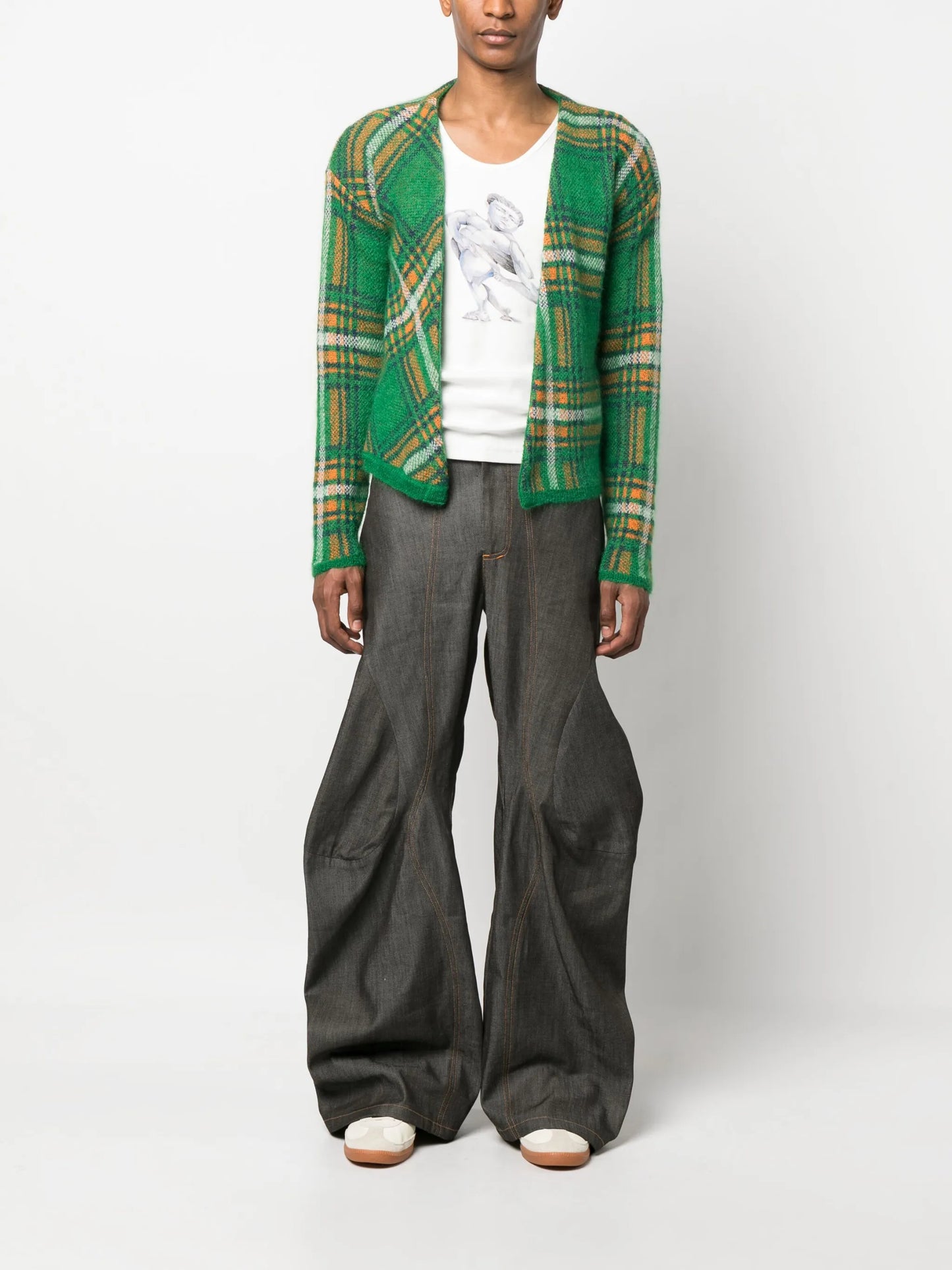 knit plaid check-pattern cardigan