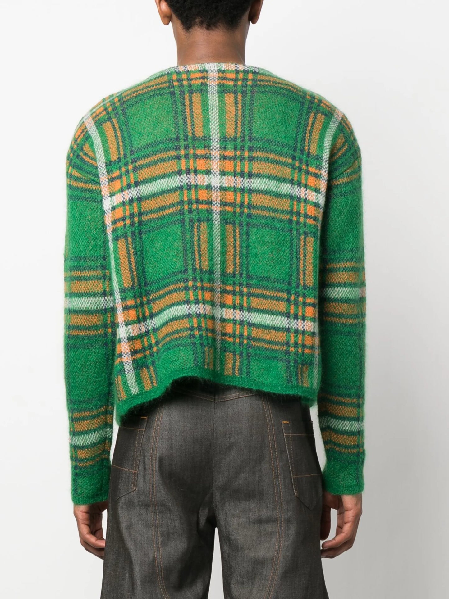 knit plaid check-pattern cardigan