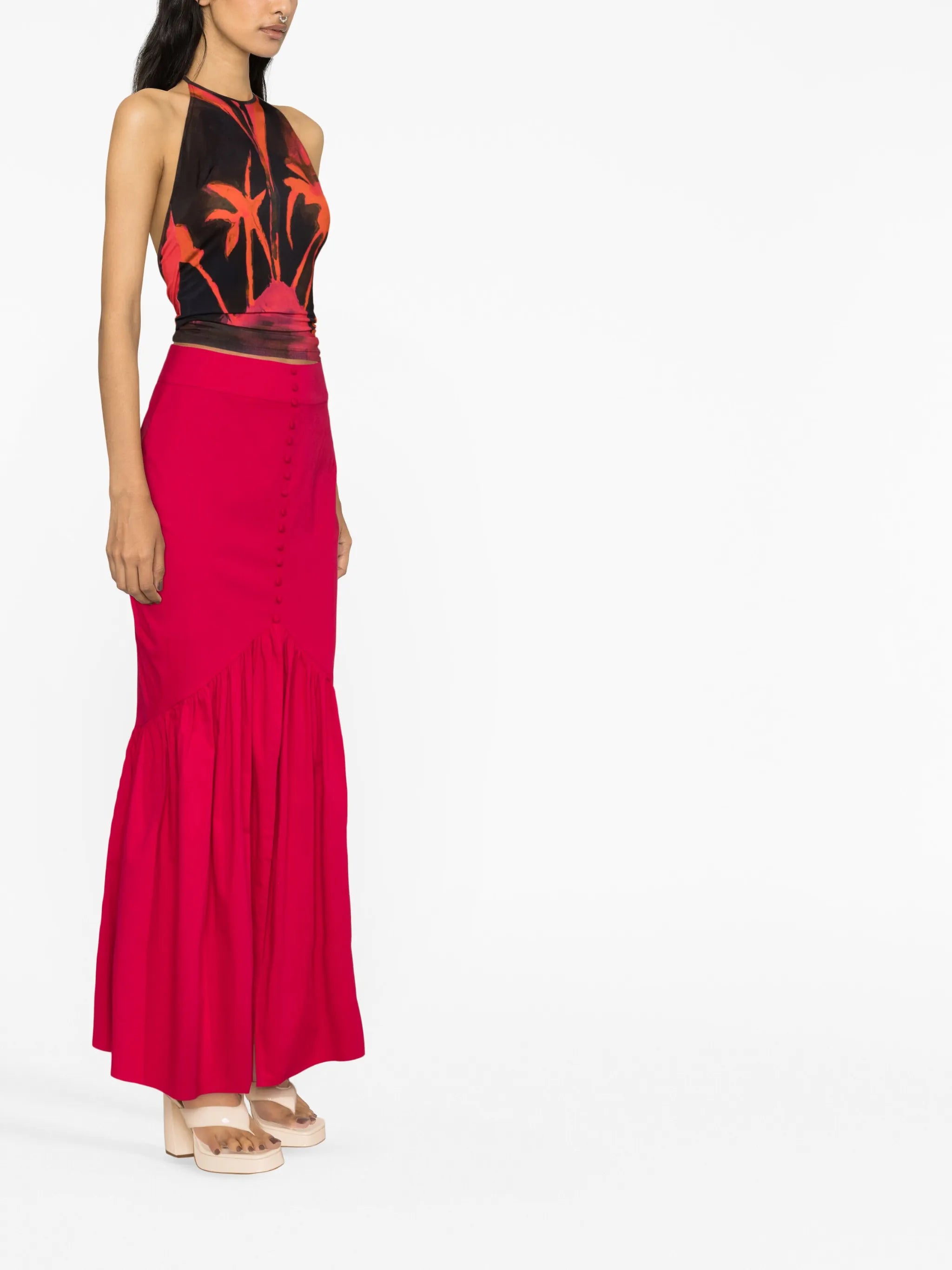 button-embellished ruffled skirt