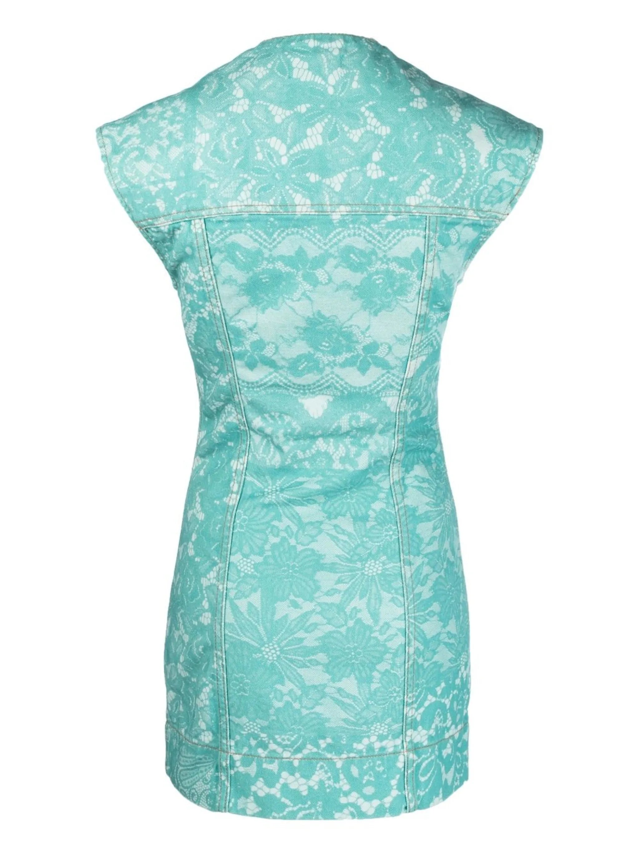 lace-print denim minidress