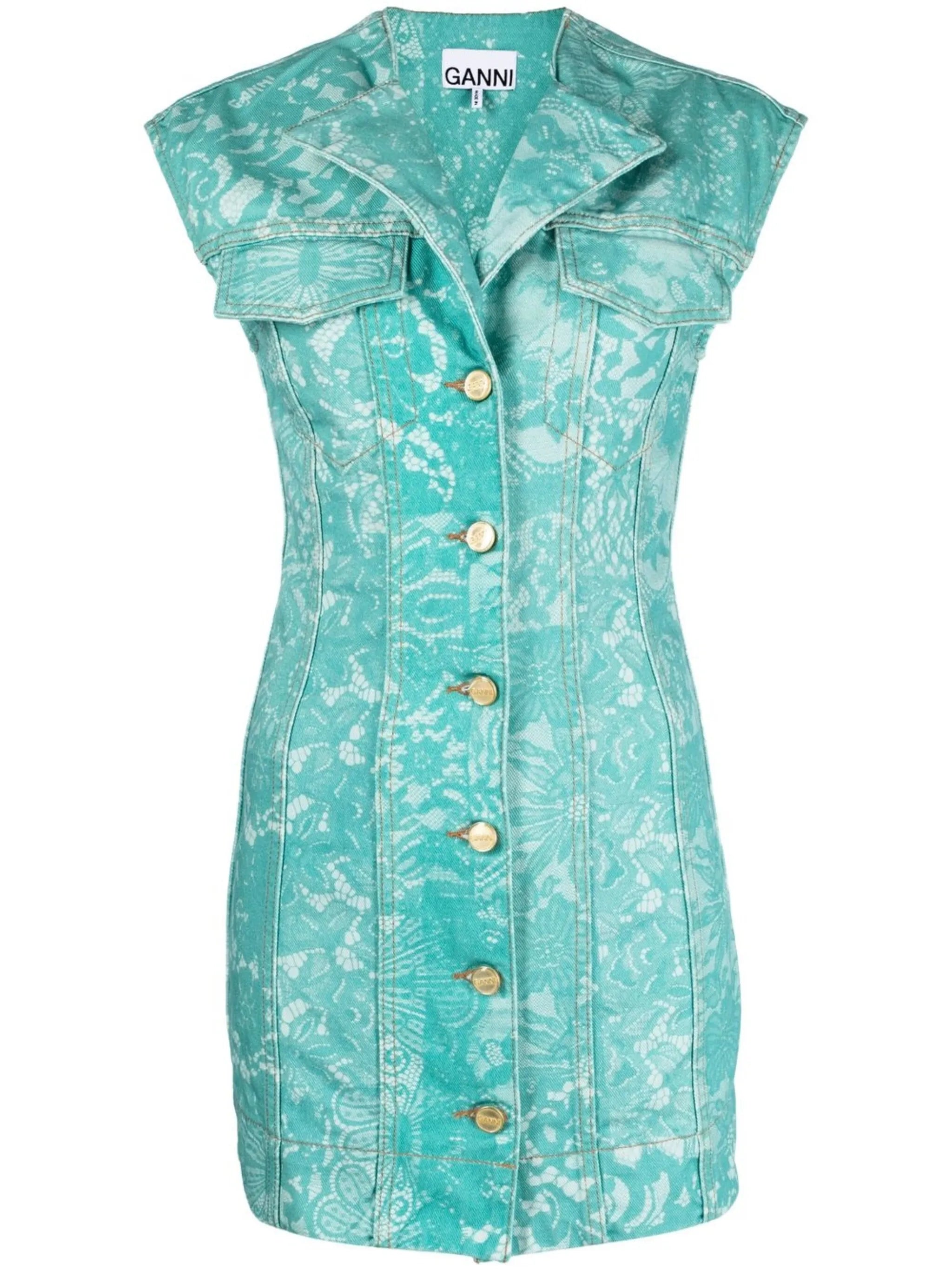 lace-print denim minidress
