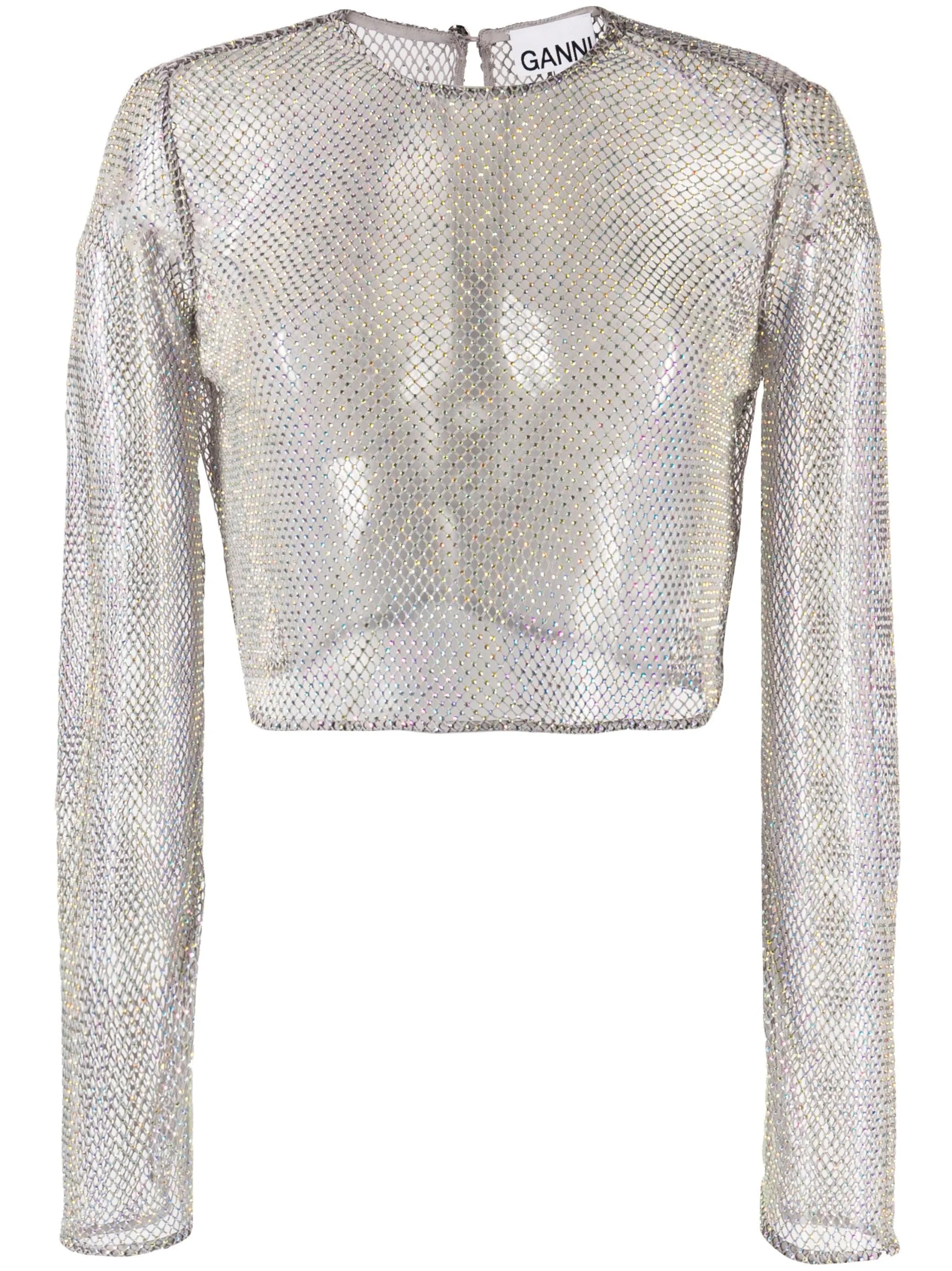 crystal-embellished cropped mesh blouse
