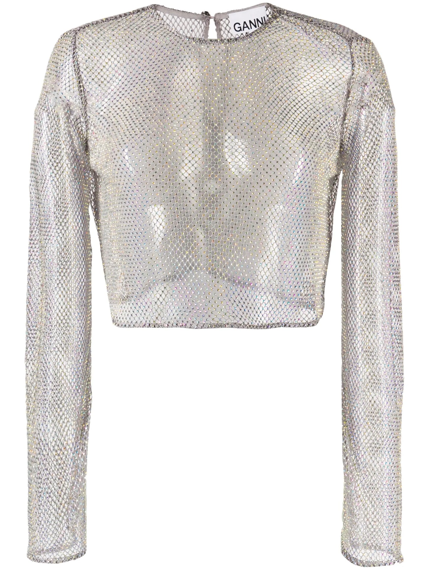 crystal-embellished cropped mesh blouse