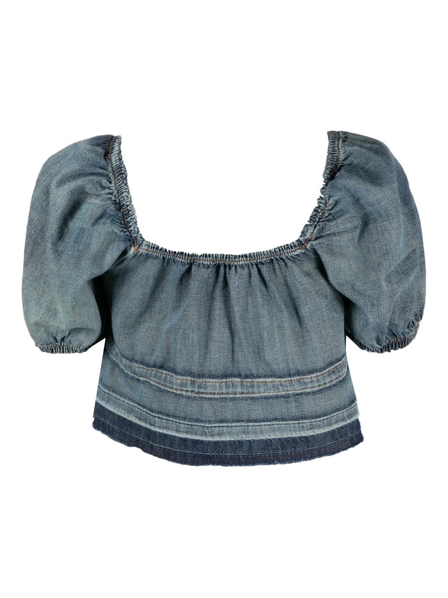 puff-sleeve denim top