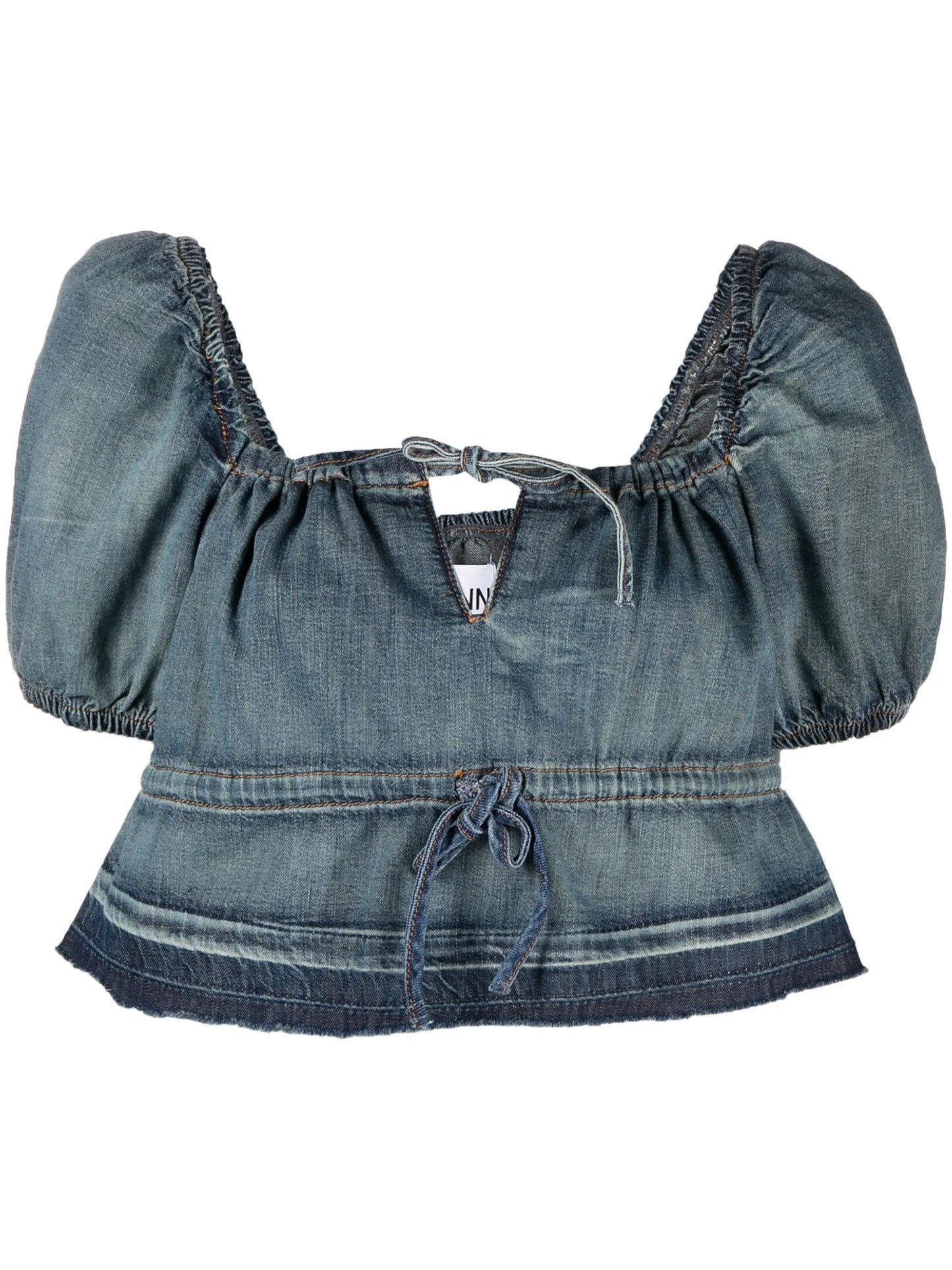 puff-sleeve denim top