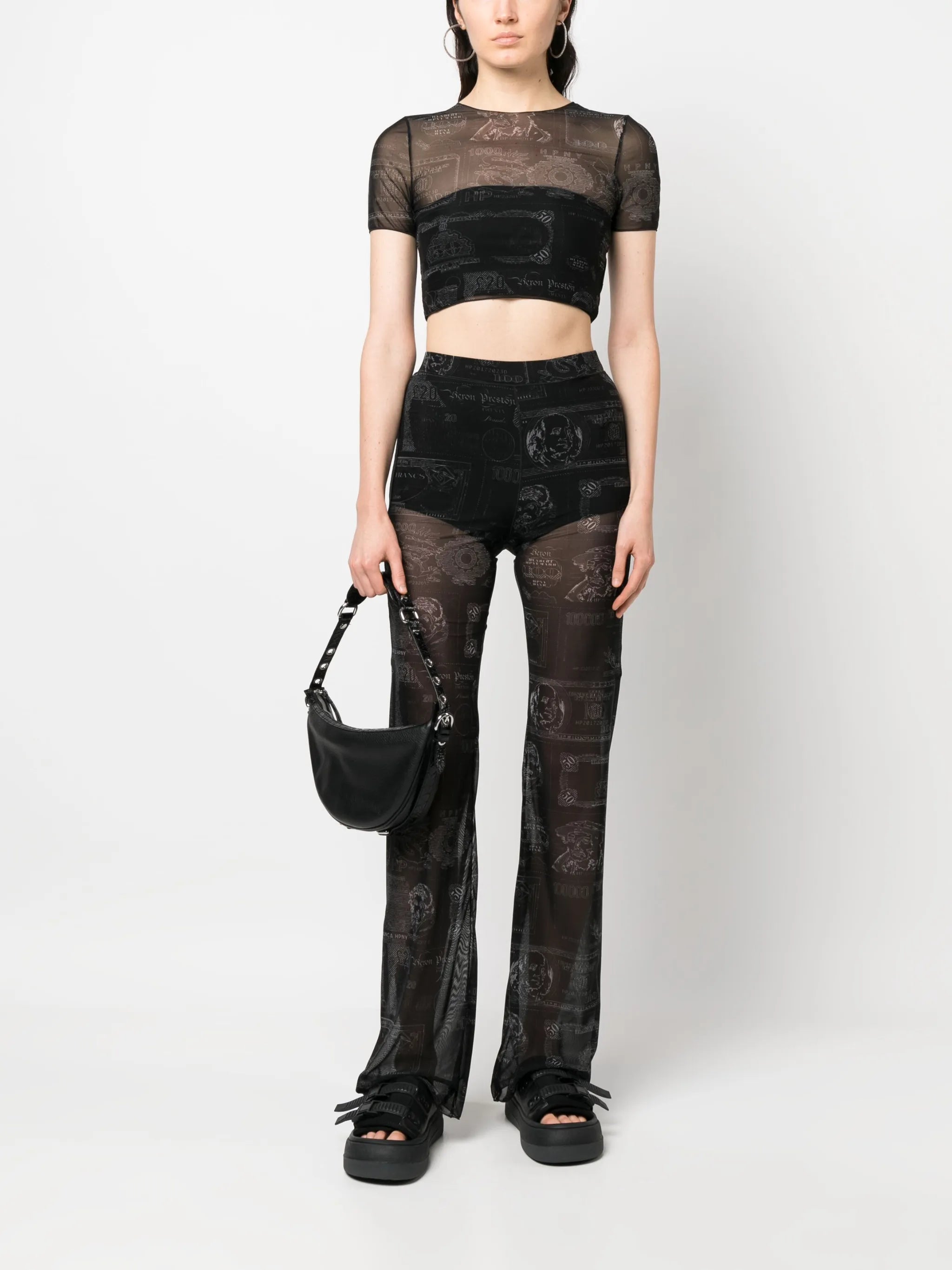 Currency-print mesh trousers