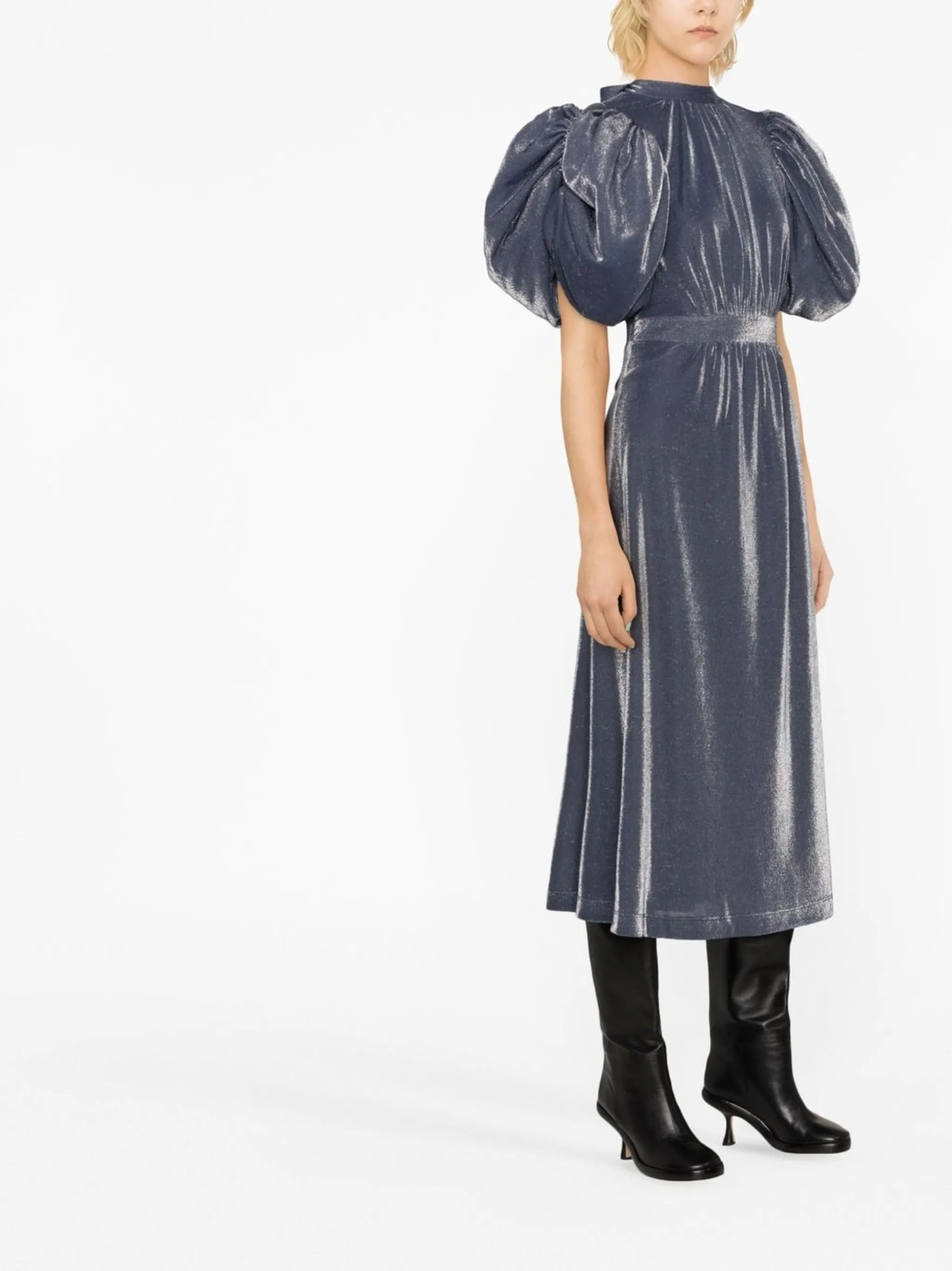 puff-sleeve midi dress