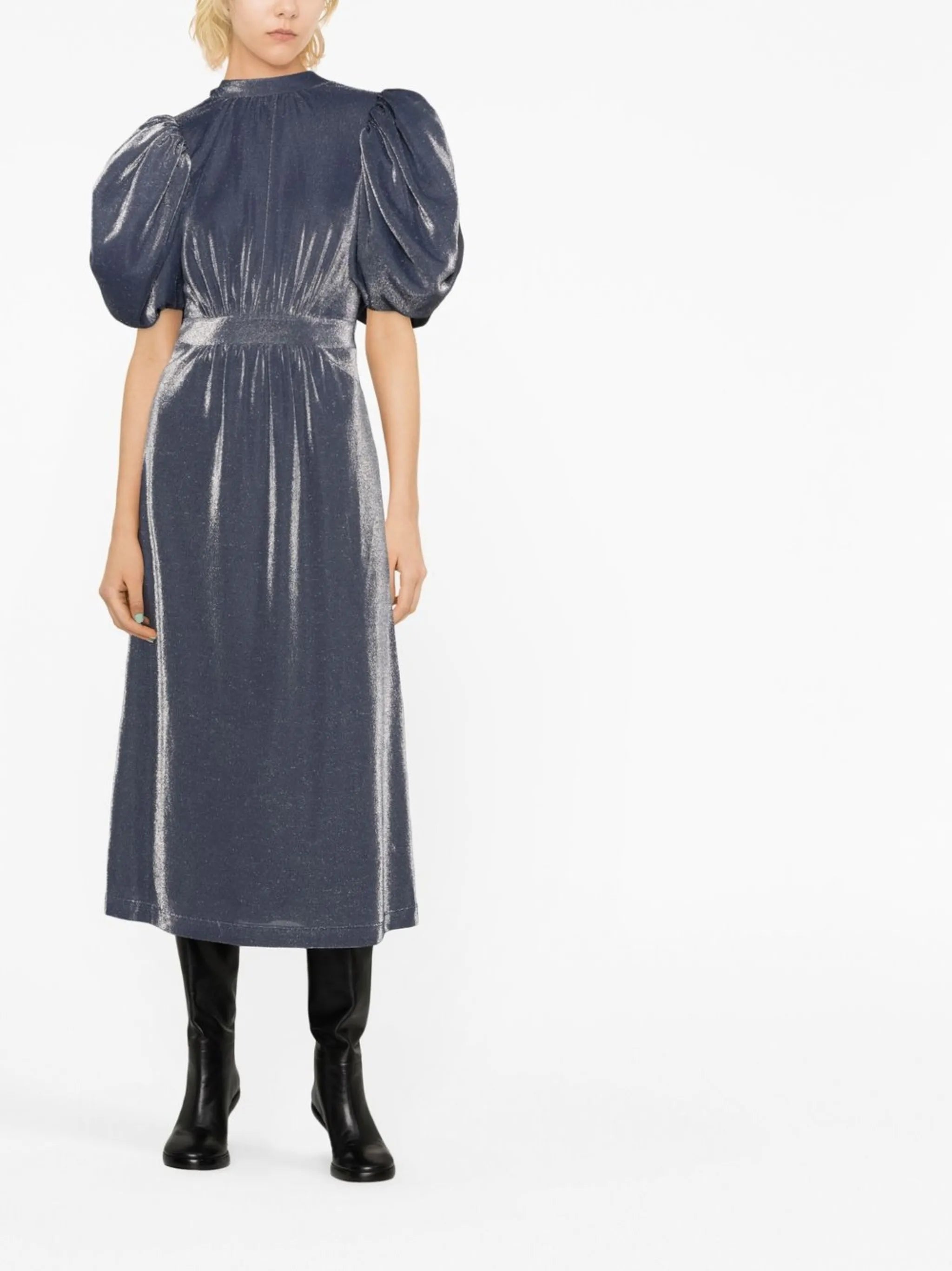 puff-sleeve midi dress