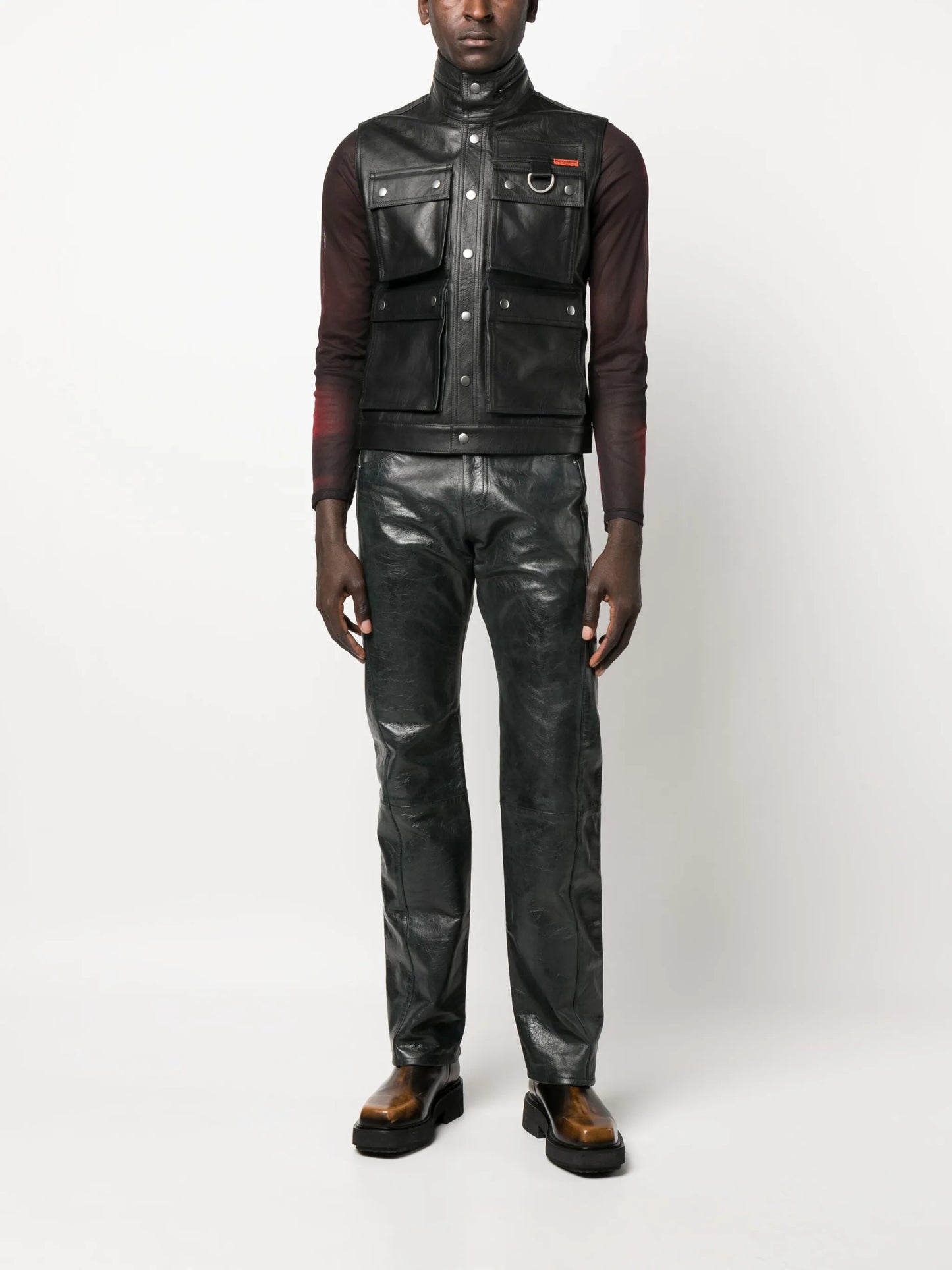 polished-finish straight-leg trousers