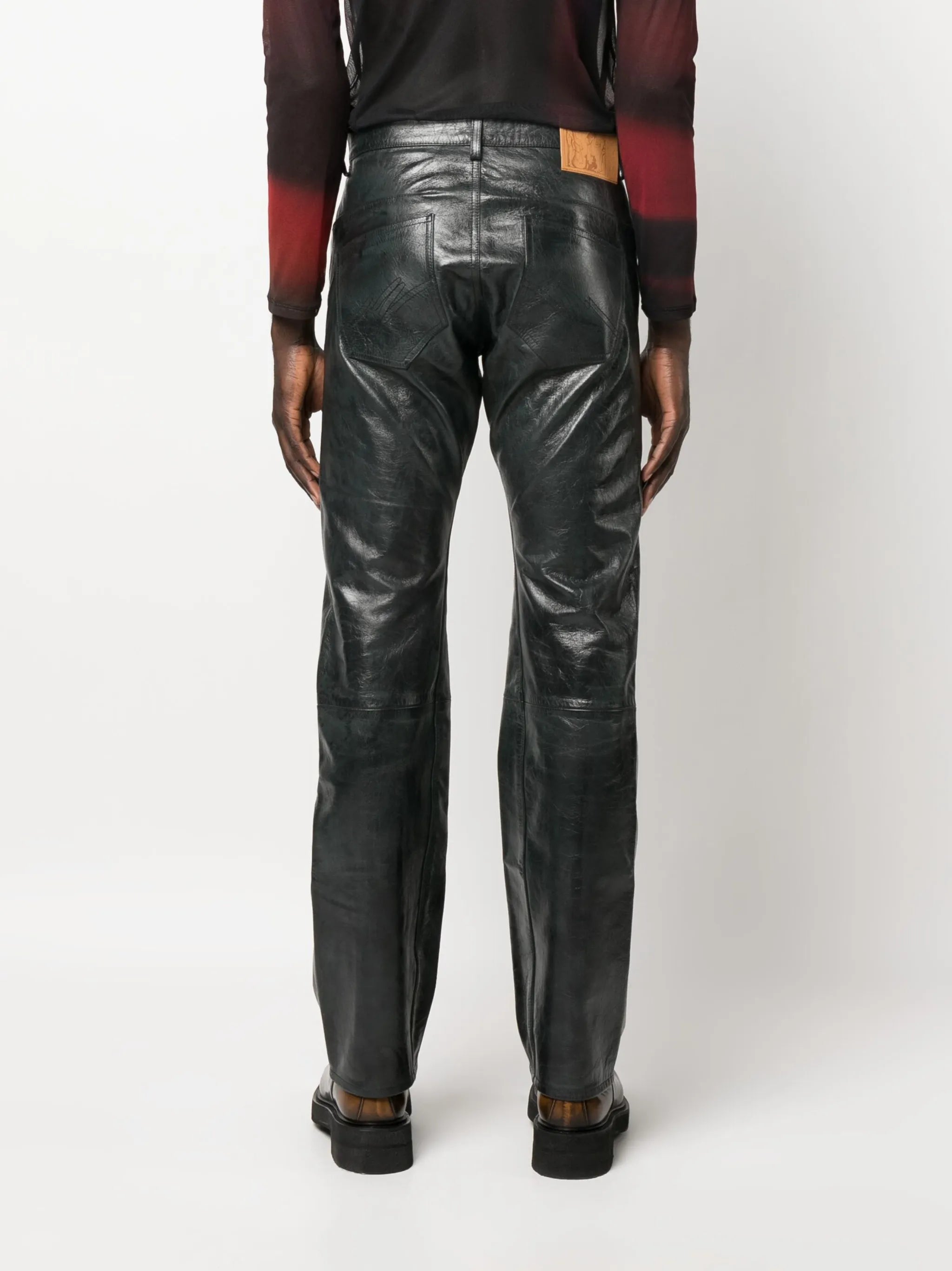 polished-finish straight-leg trousers