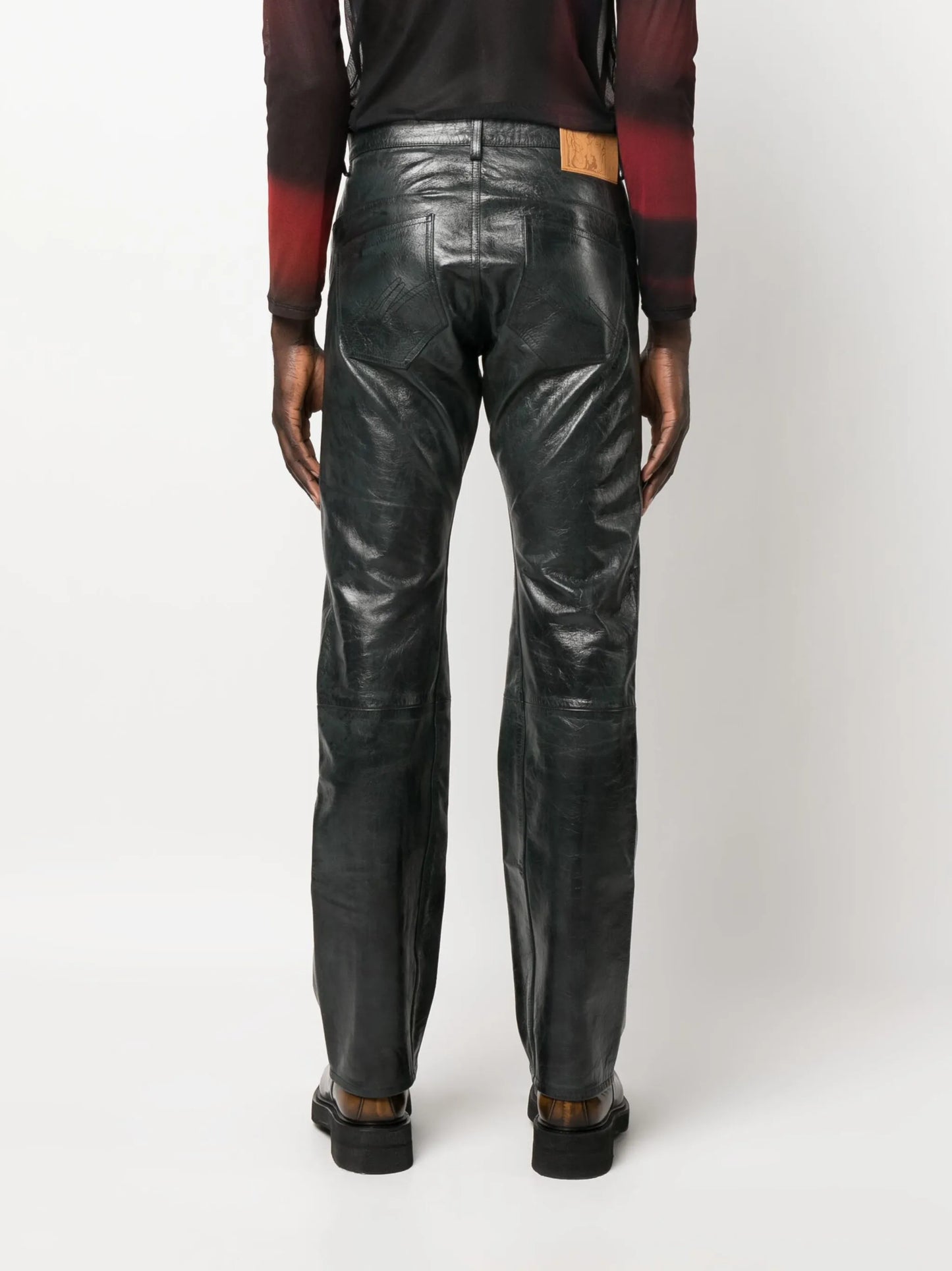 polished-finish straight-leg trousers