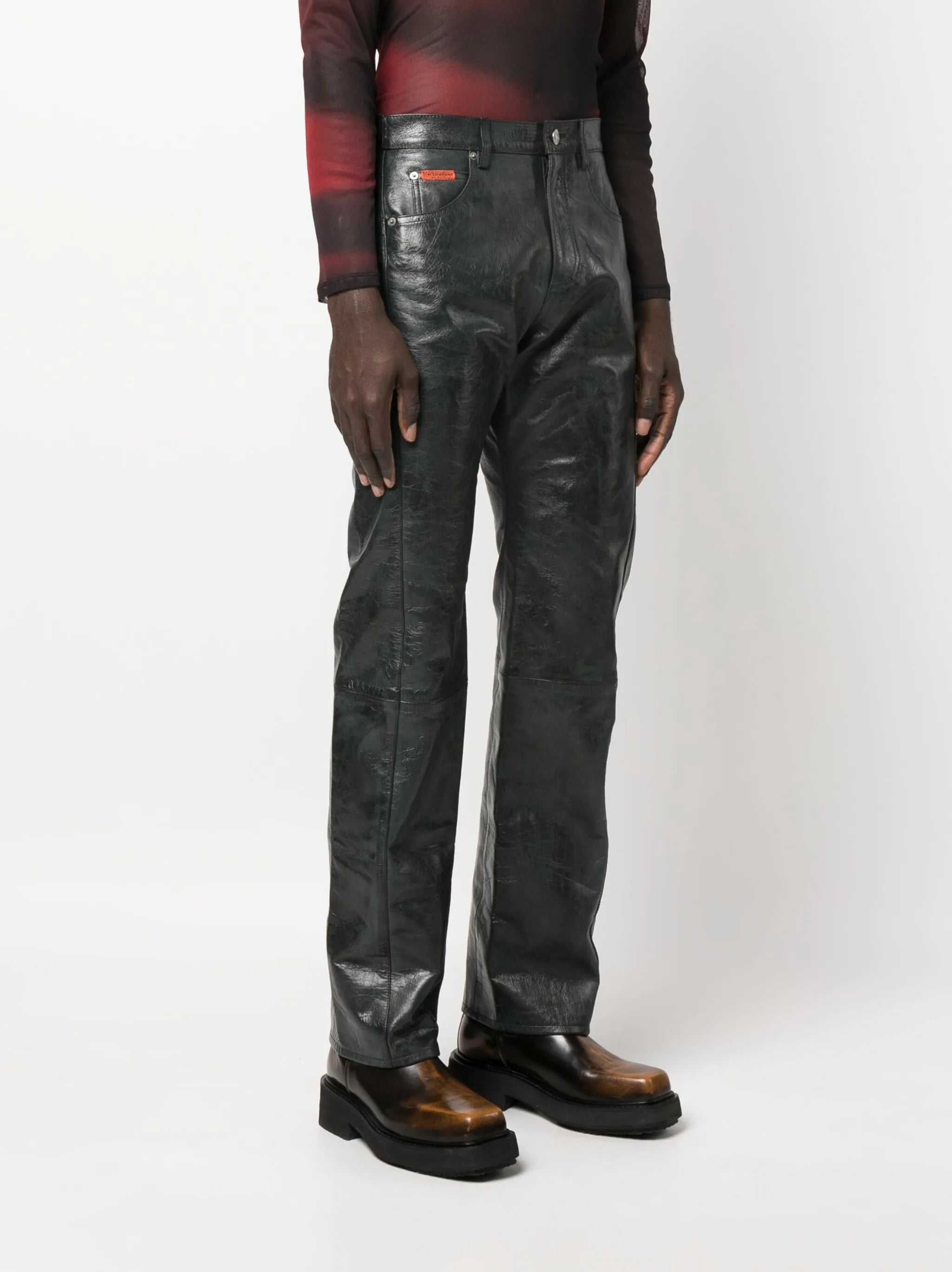 polished-finish straight-leg trousers