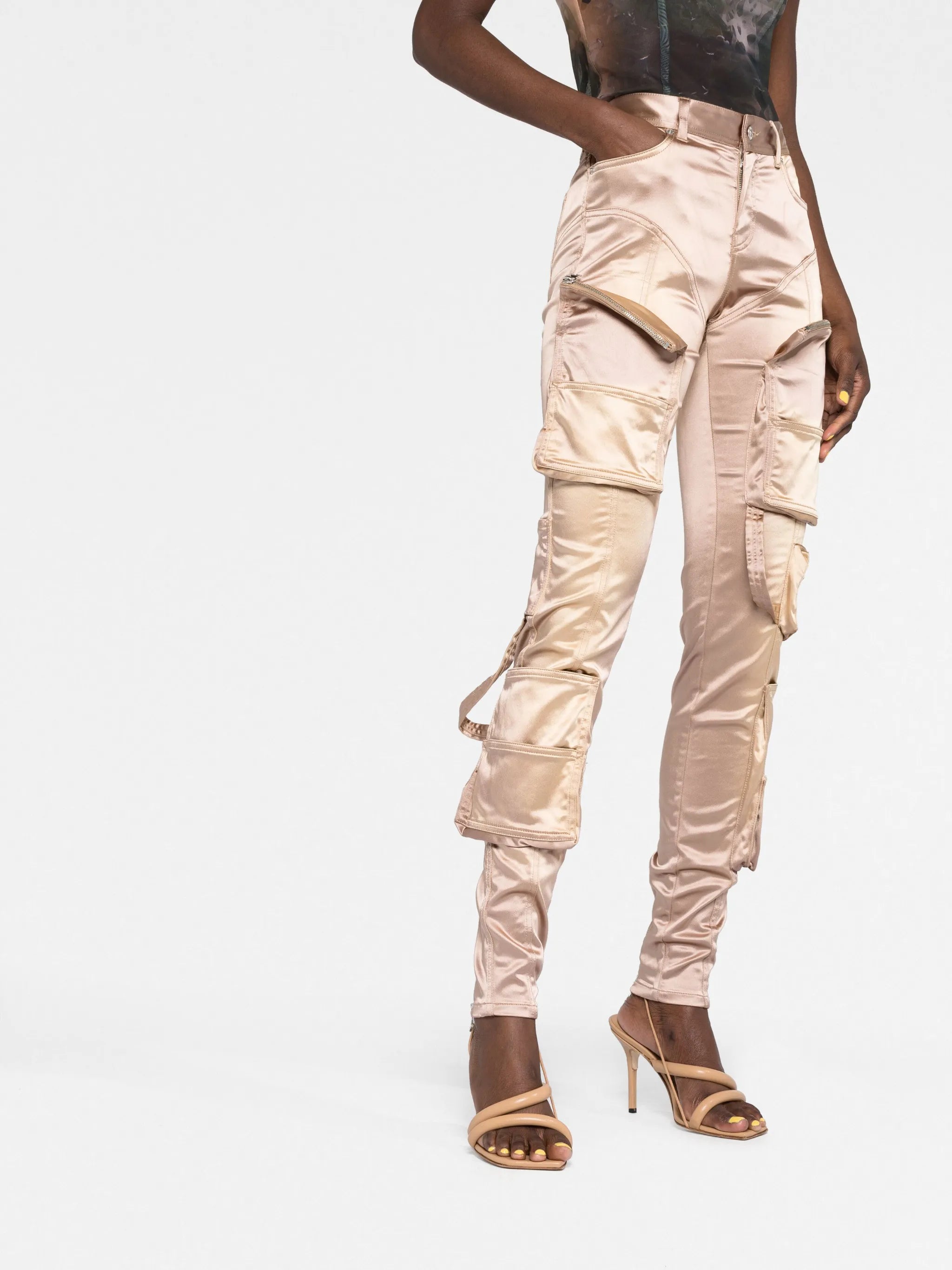 slim-cut satin cargo trousers