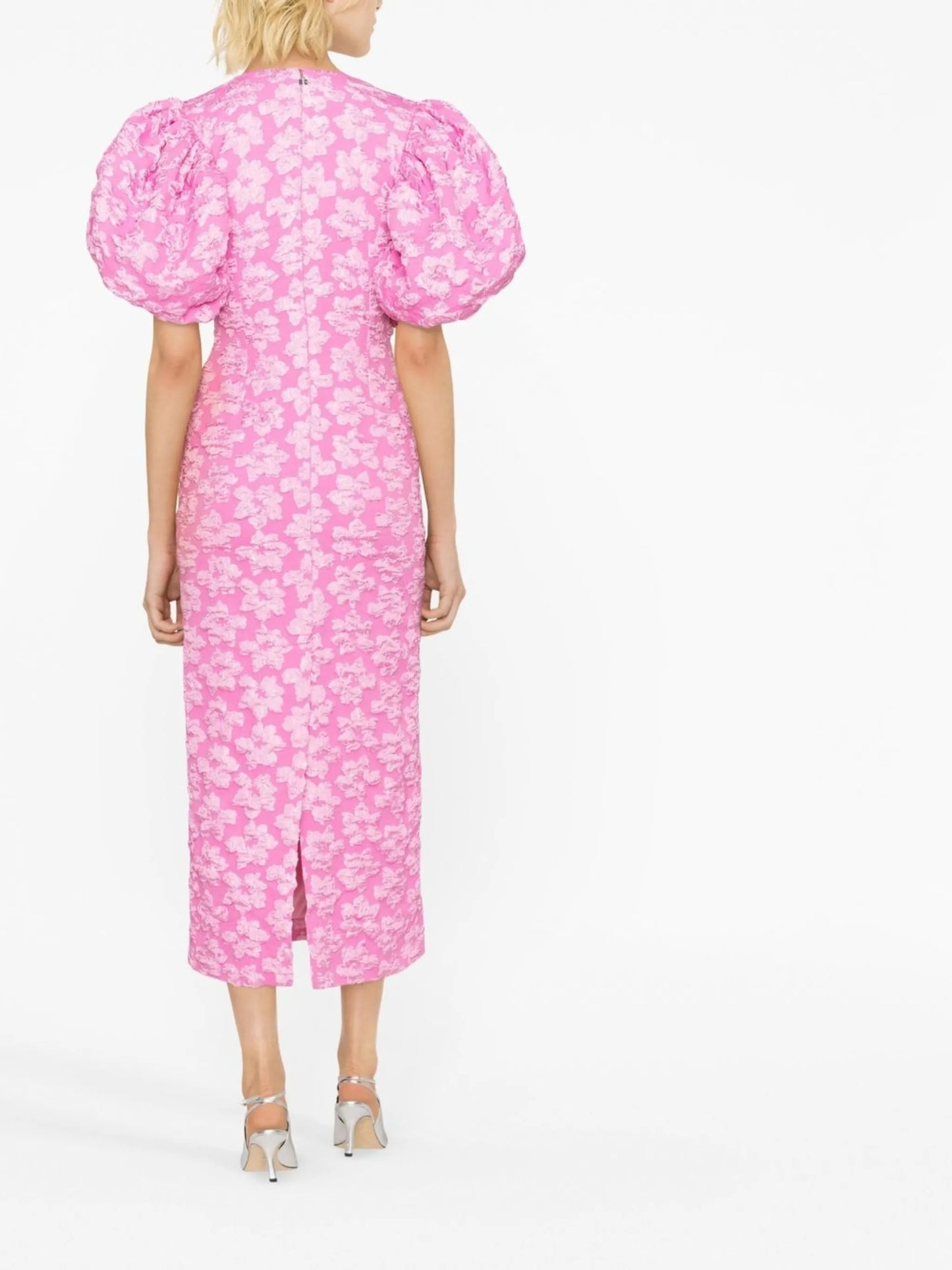 floral-jacquard puff-sleeve midi dress