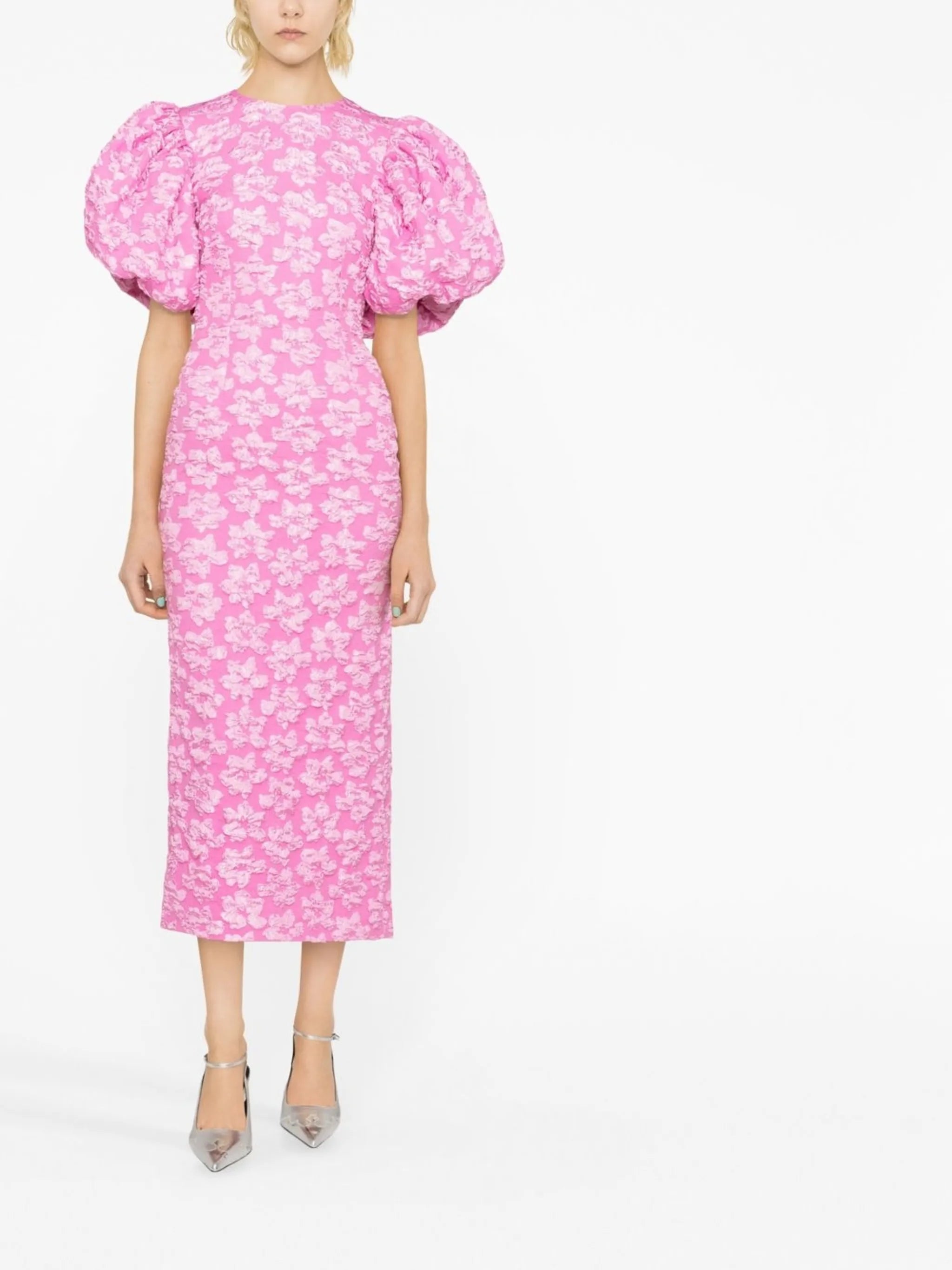 floral-jacquard puff-sleeve midi dress
