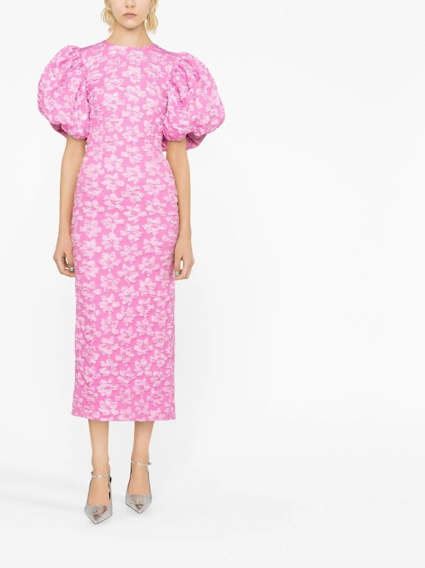 floral-jacquard puff-sleeve midi dress