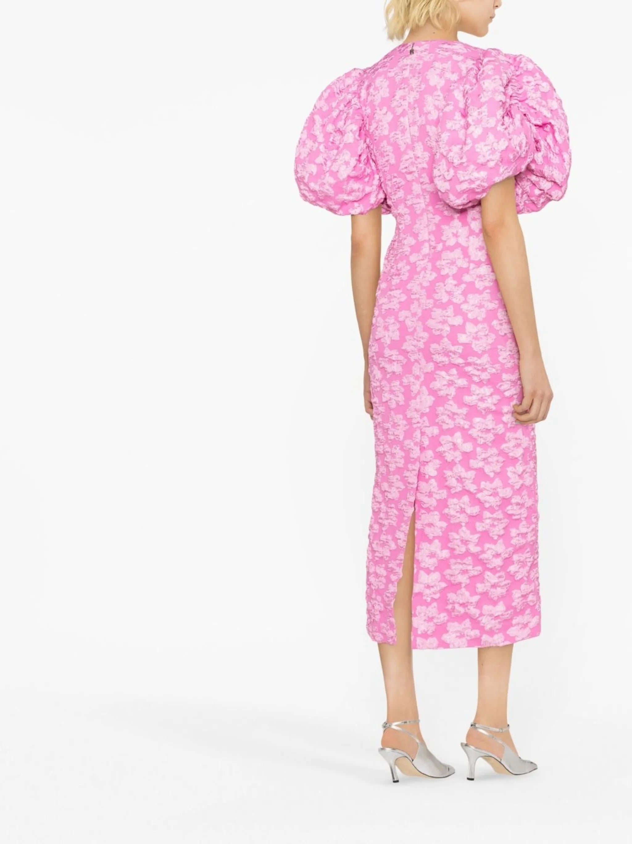 floral-jacquard puff-sleeve midi dress