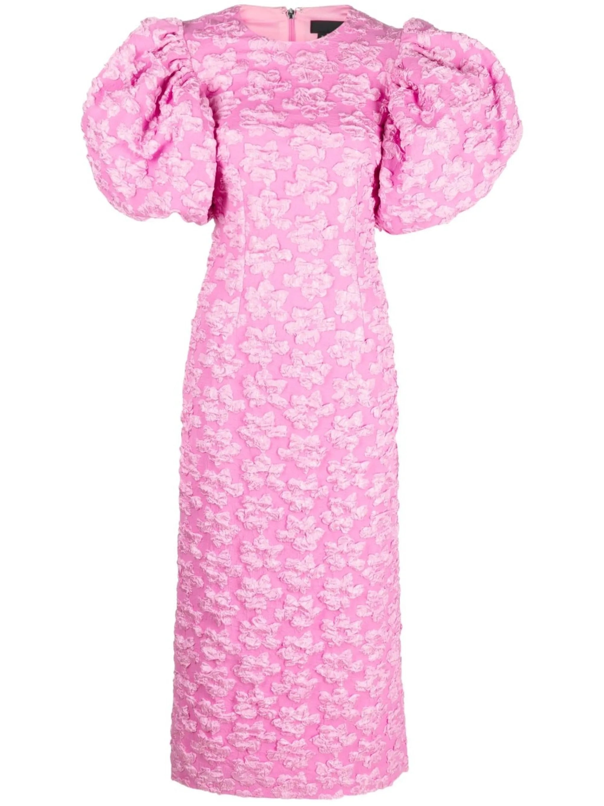 floral-jacquard puff-sleeve midi dress