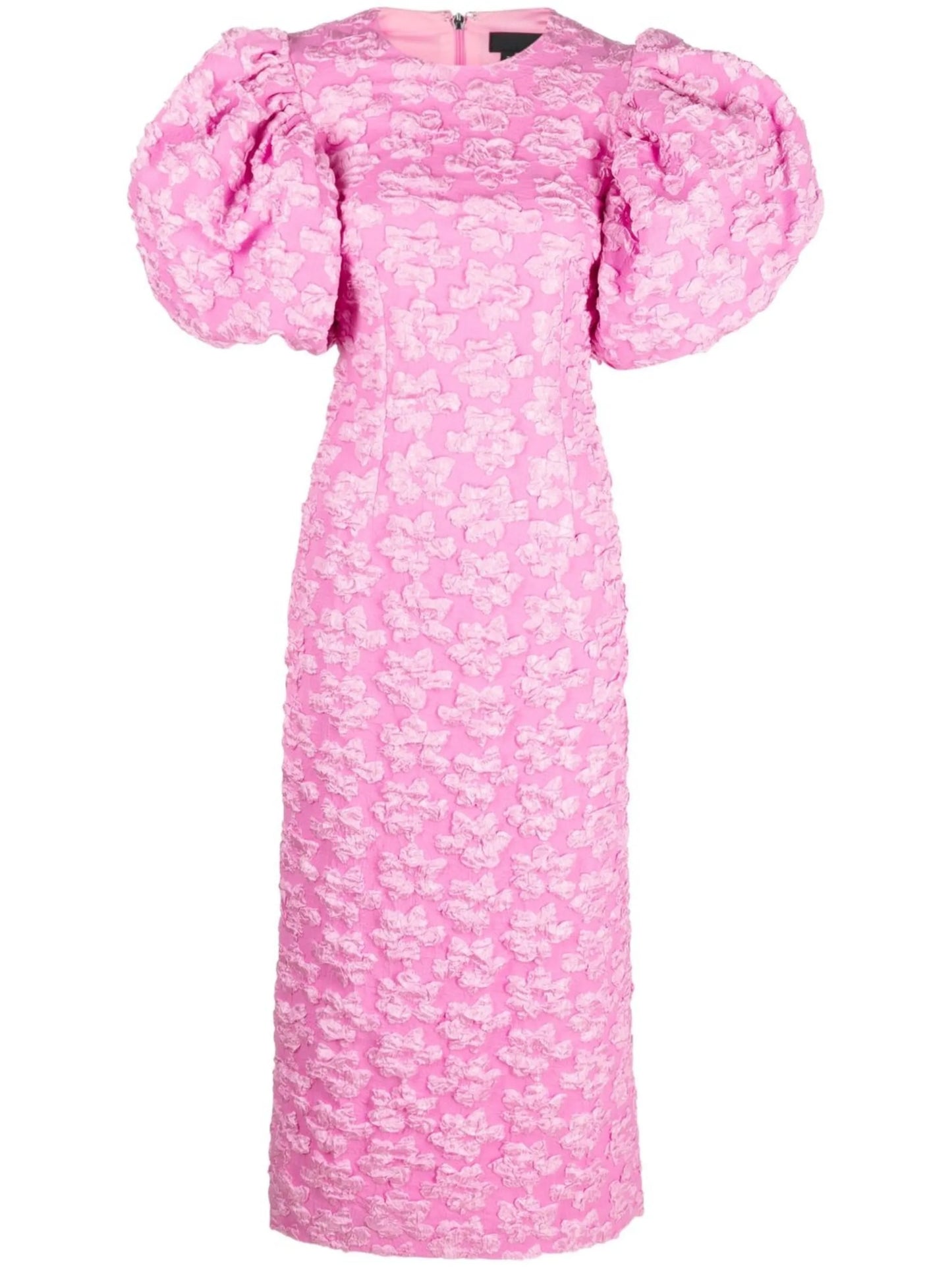 floral-jacquard puff-sleeve midi dress