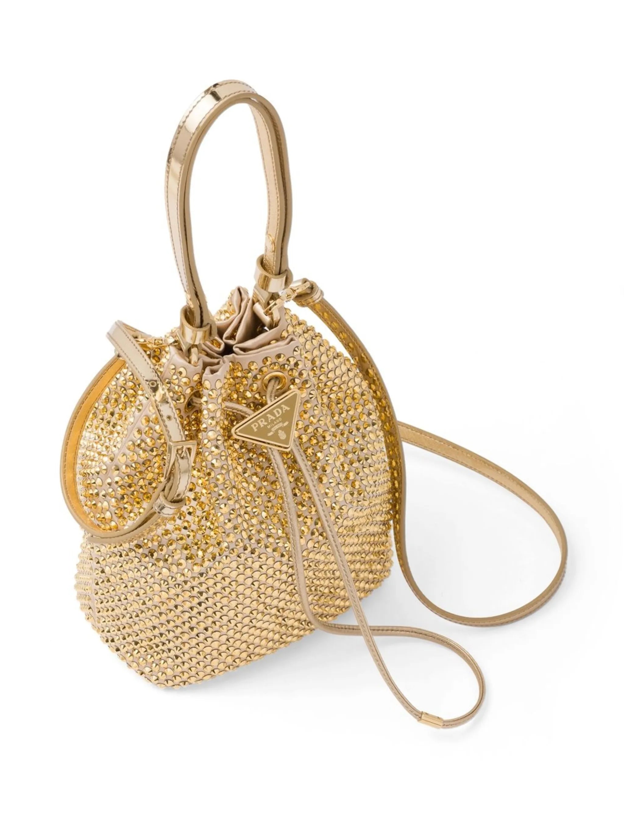 crystal-embellished drawstring bucket bag