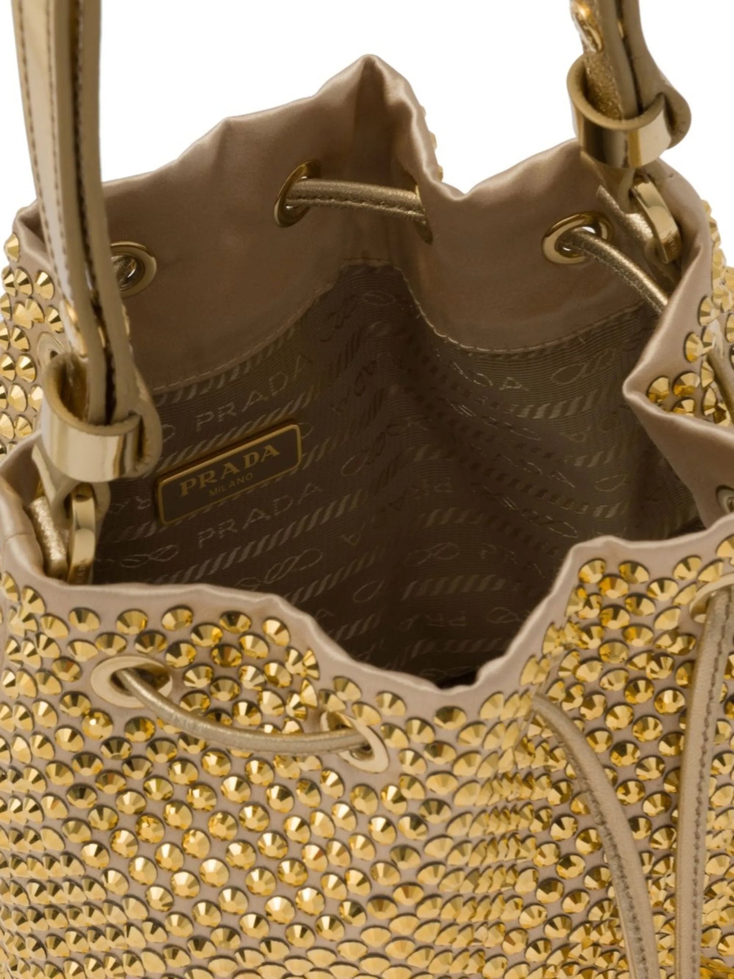 crystal-embellished drawstring bucket bag